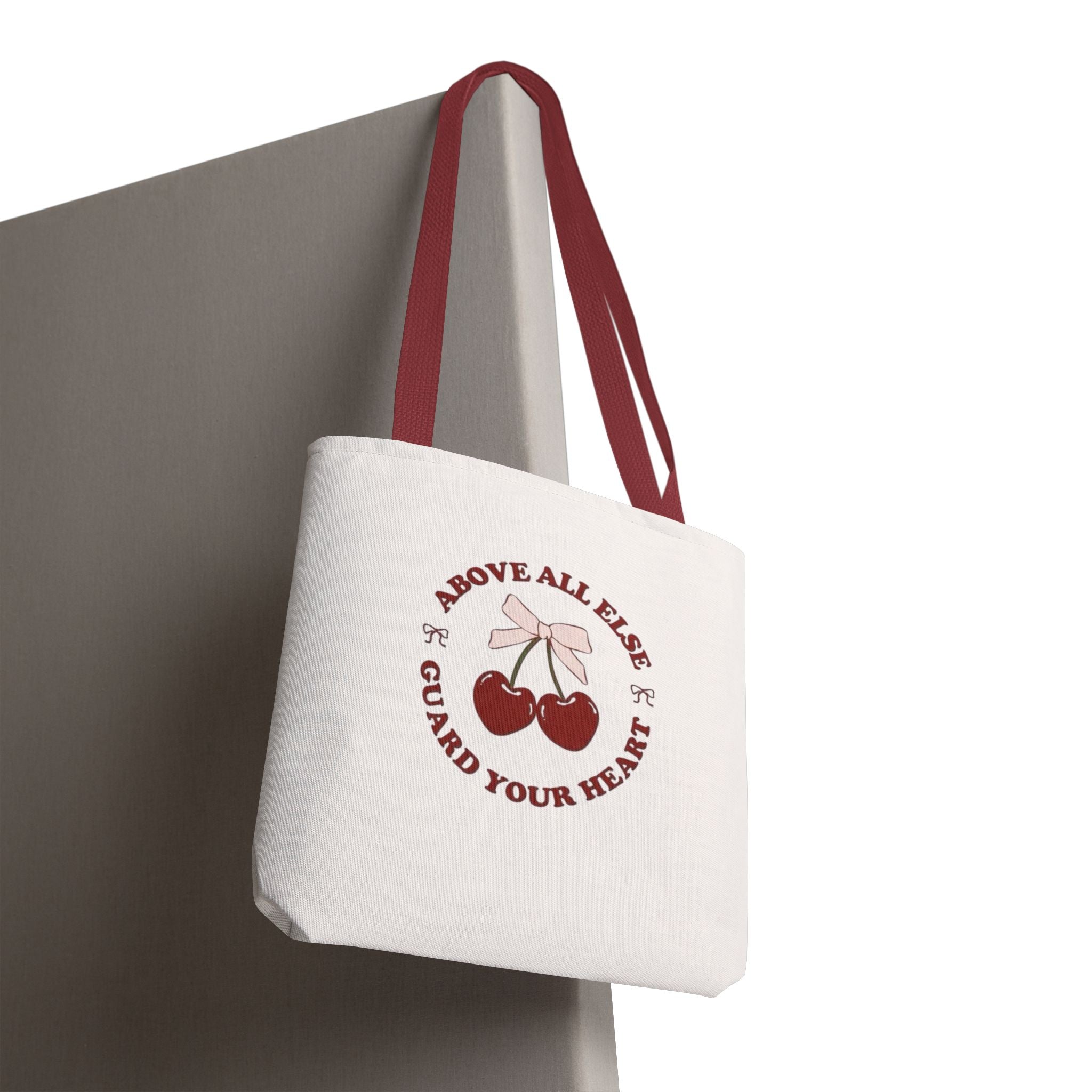 "Above All Else Guard Your Heart" Cherry Graphic Tote Bag