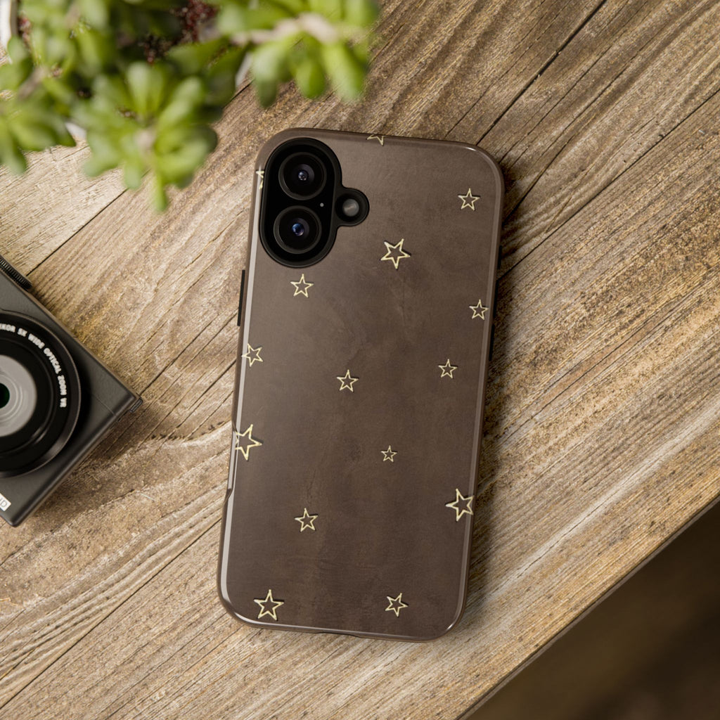 Brown Star Pattern Tough Phone Case – Rugged Leather-Look Protection