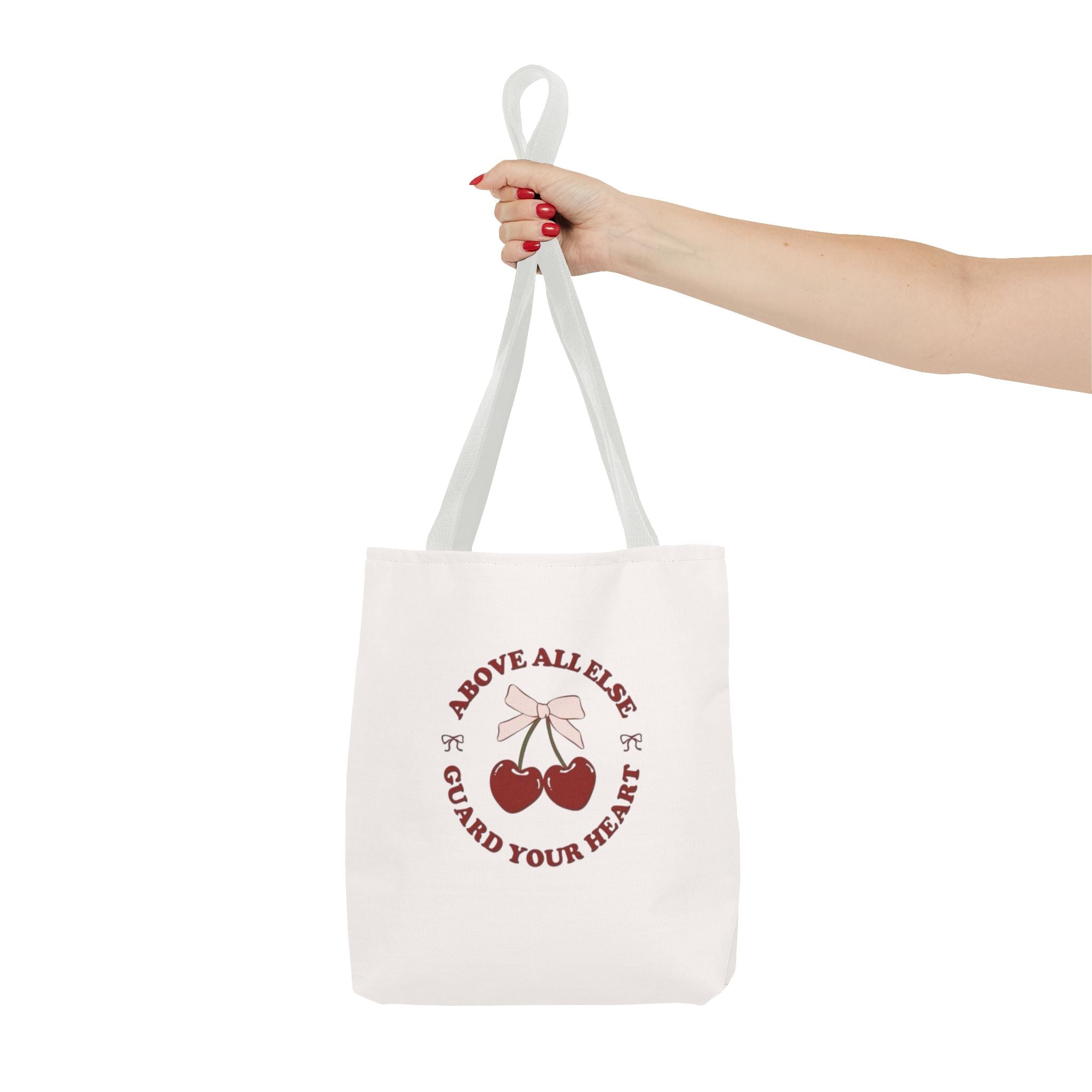 "Above All Else Guard Your Heart" Cherry Graphic Tote Bag