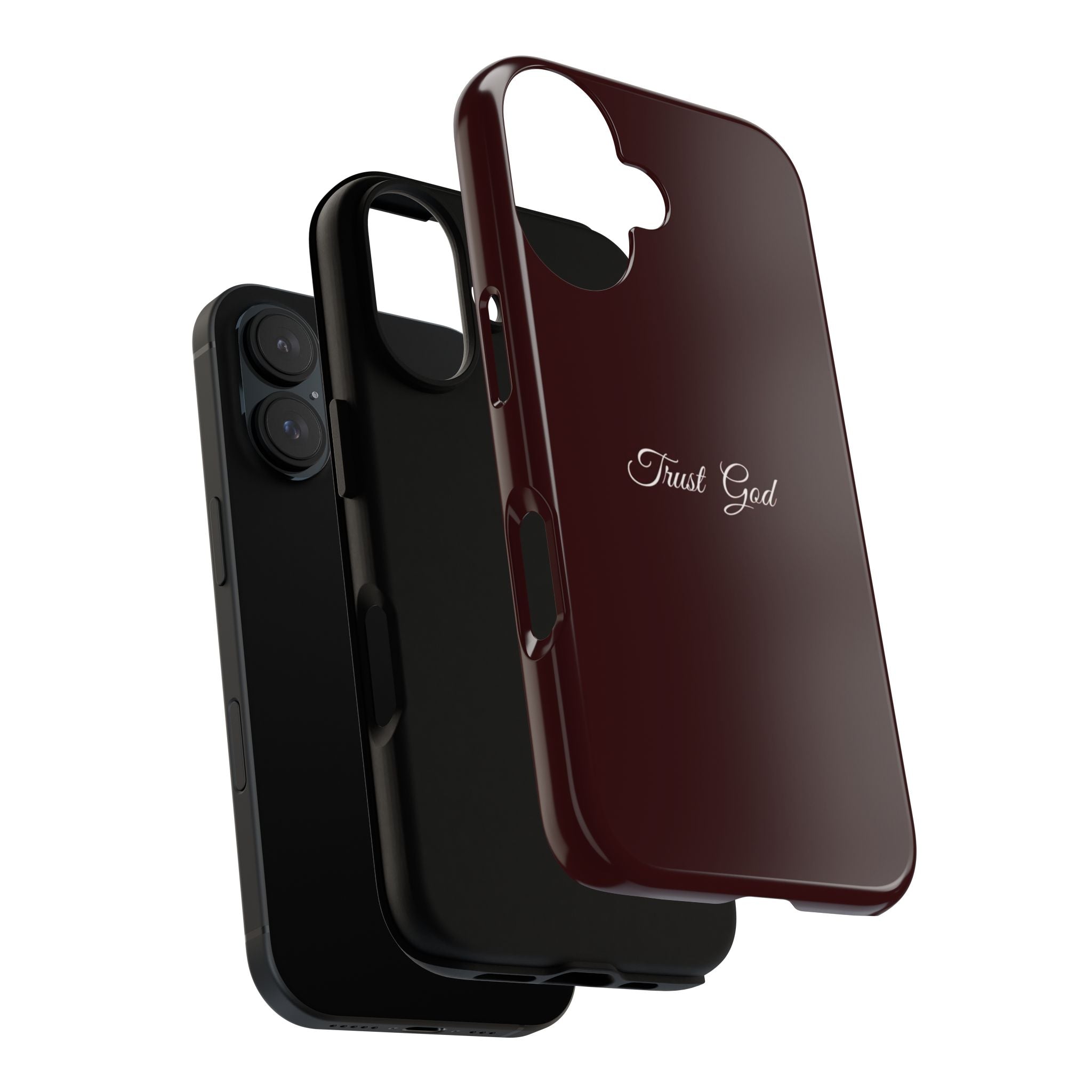 Trust God Tough Phone Case — Maroon Protective iPhone Cover with Script Text