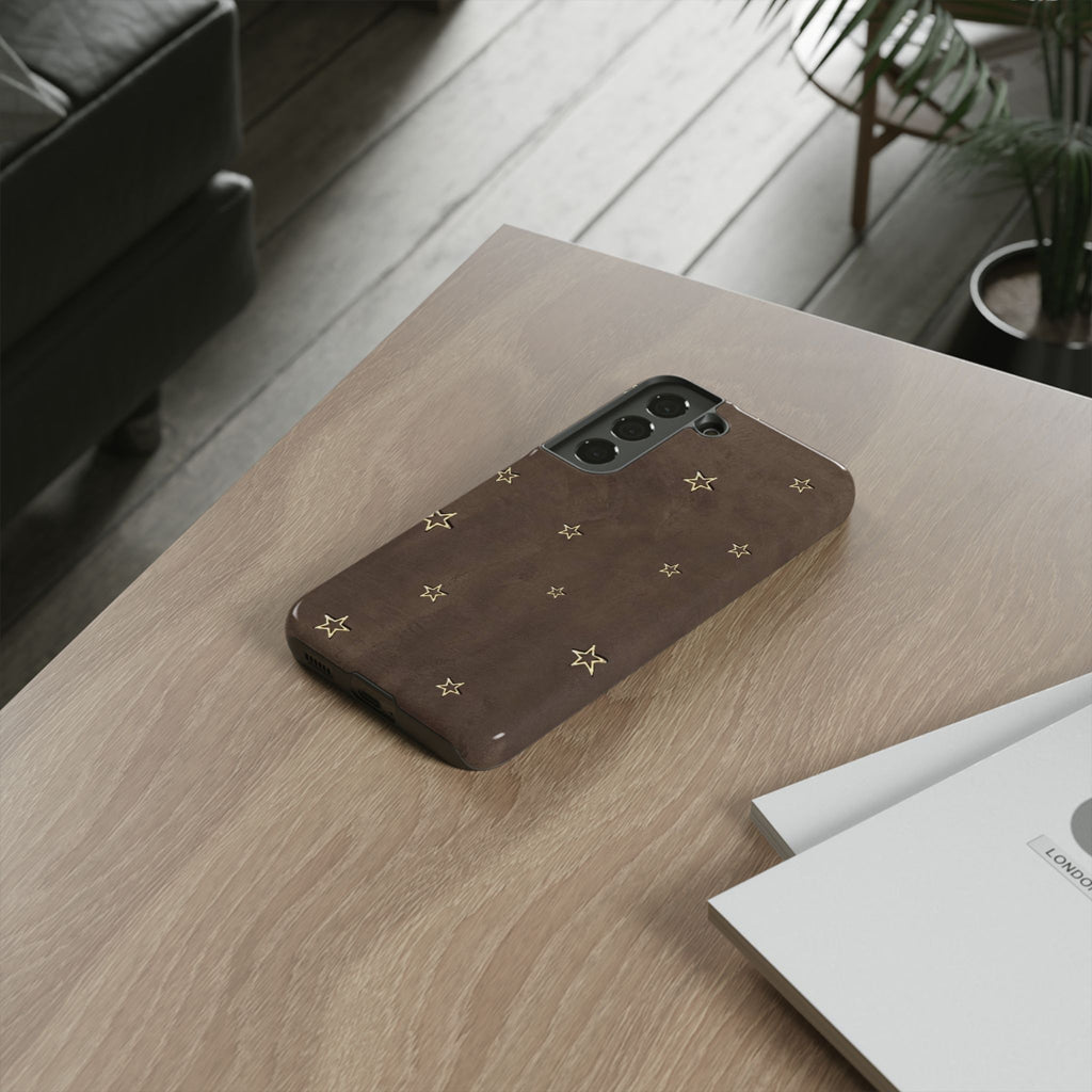 Brown Star Pattern Tough Phone Case – Rugged Leather-Look Protection