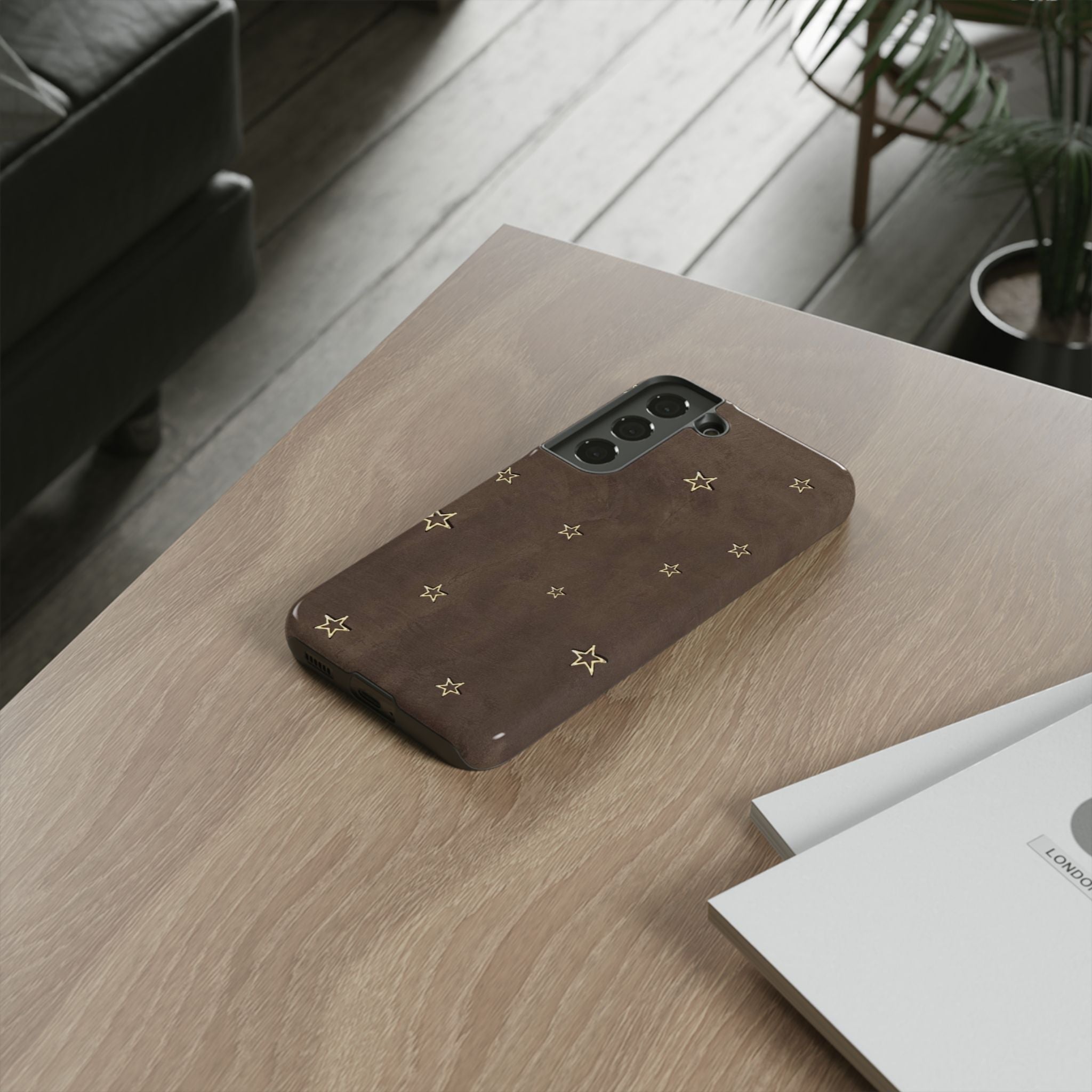 Brown Star Pattern Tough Phone Case – Rugged Leather-Look Protection