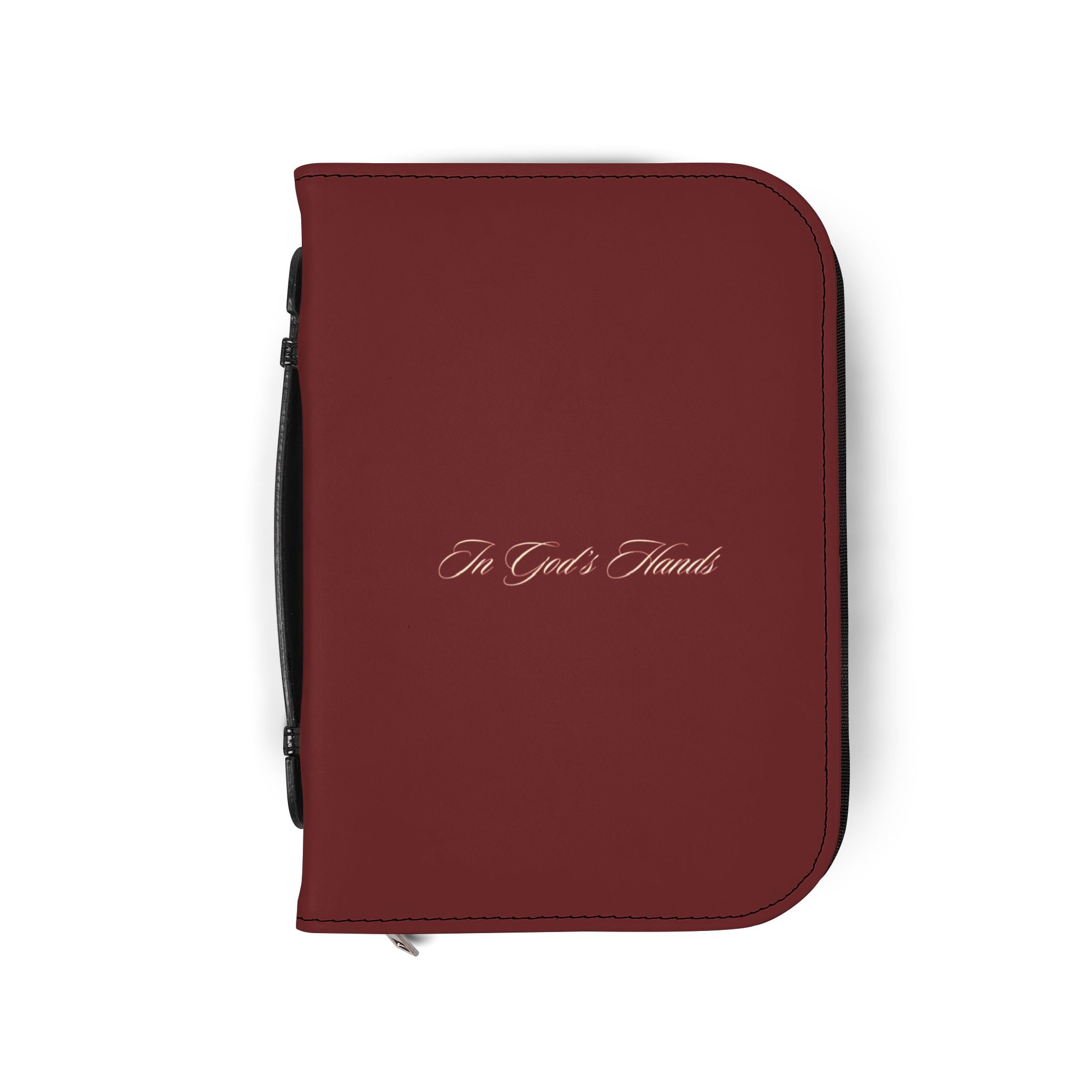Burgundy Zippered Bible Cover – "In God's Hands" Protective Case with Handle