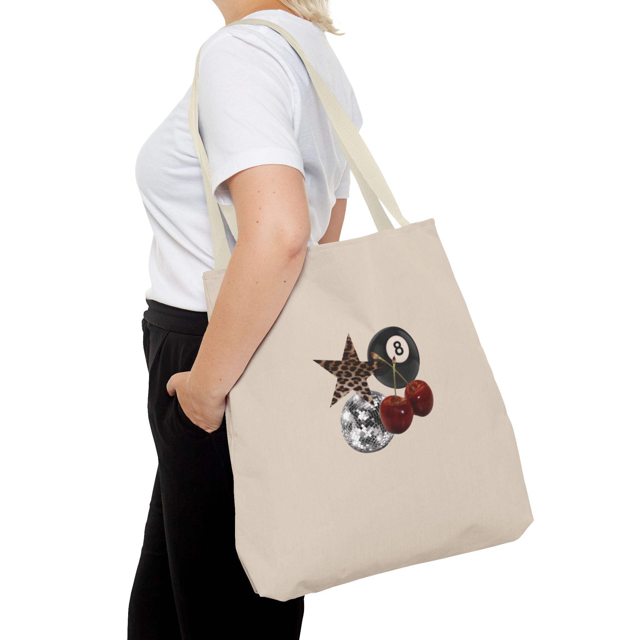 Vintage Retro Collage Tote Bag — 8 Ball, Stars & Cherry Graphic