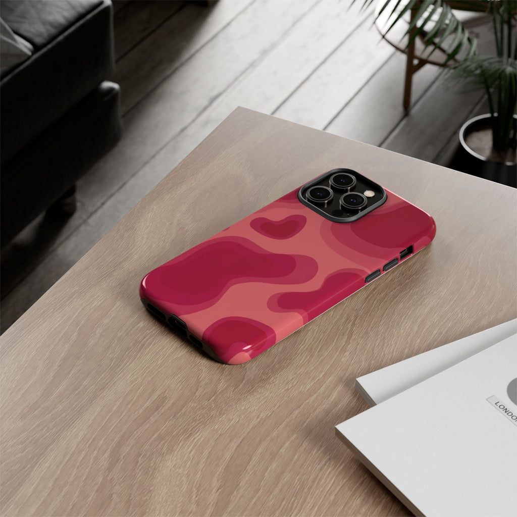 Red Pink Camo iPhone Case — Abstract Heart Pattern Tough Protective Cover