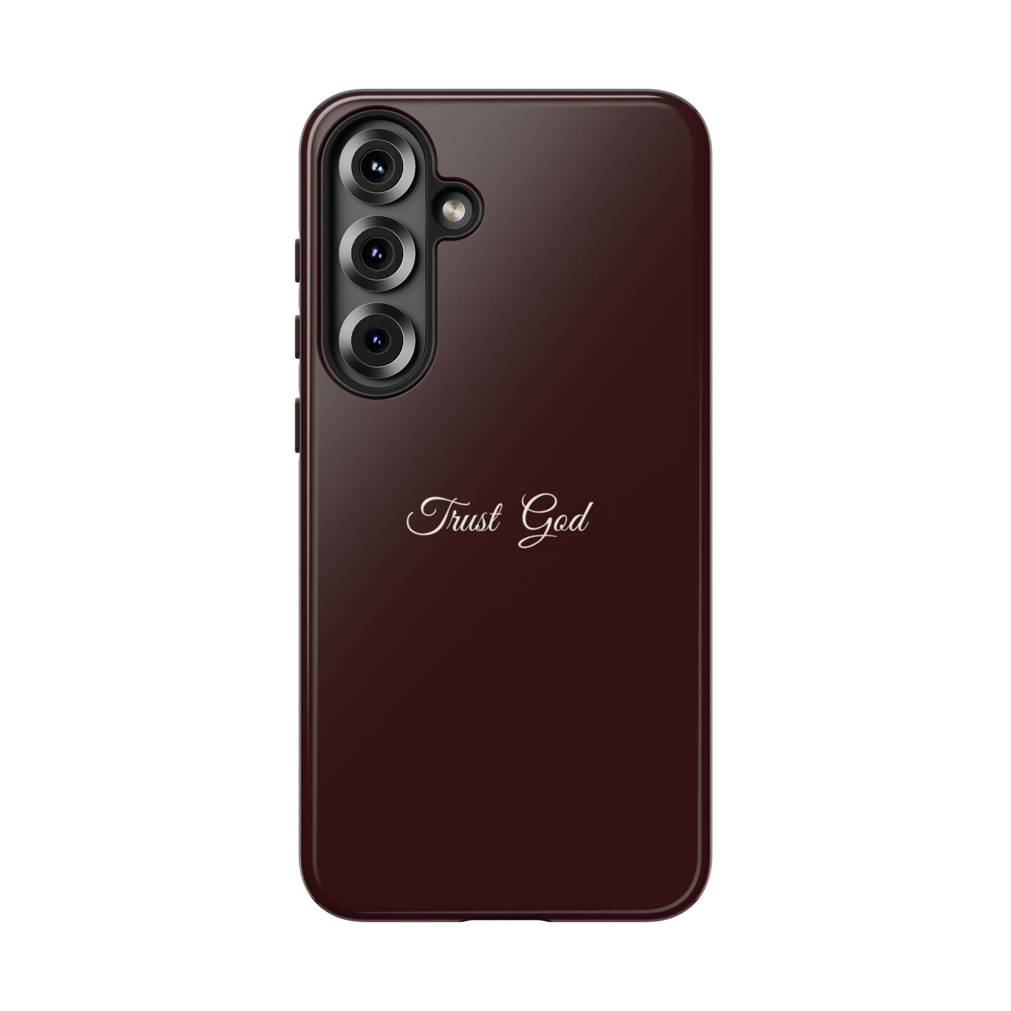 Trust God Tough Phone Case — Maroon Protective iPhone Cover with Script Text