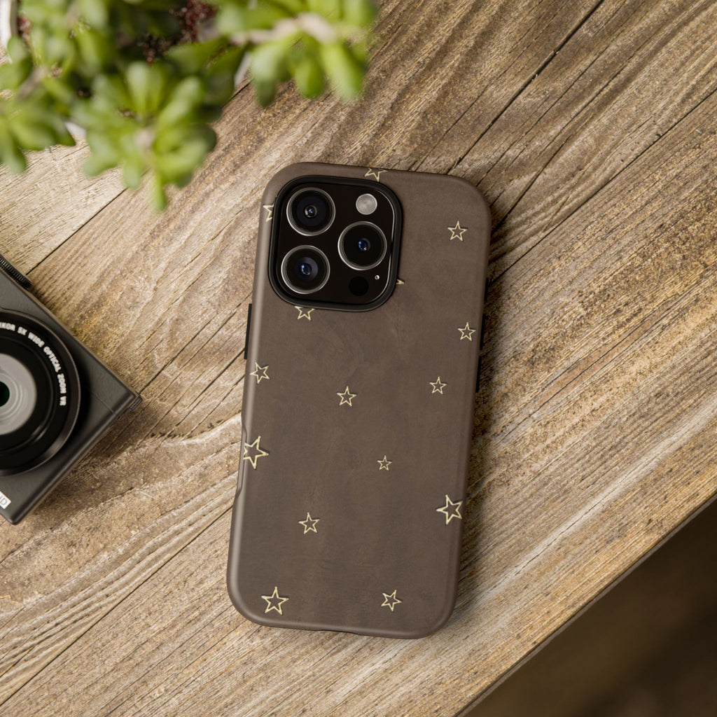 Brown Star Pattern Tough Phone Case – Rugged Leather-Look Protection
