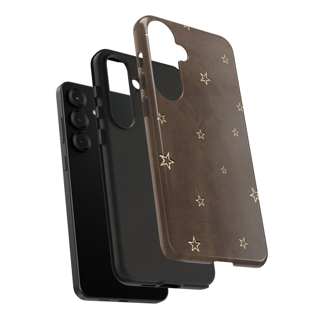 Brown Star Pattern Tough Phone Case – Rugged Leather-Look Protection
