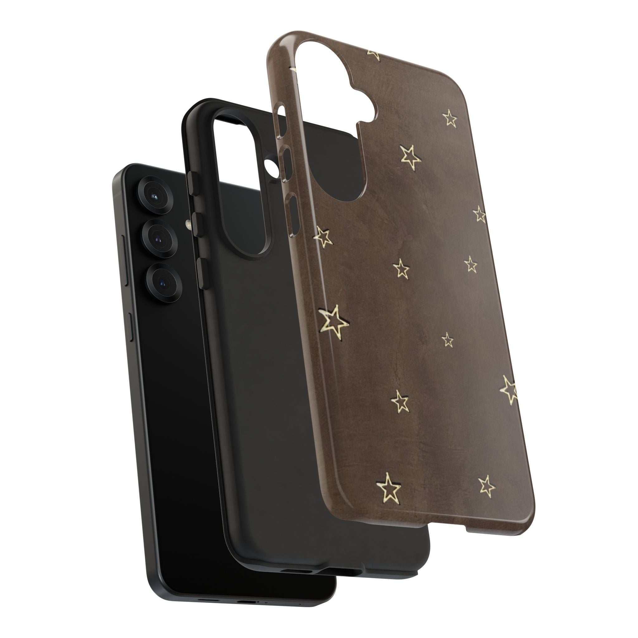 Brown Star Pattern Tough Phone Case – Rugged Leather-Look Protection