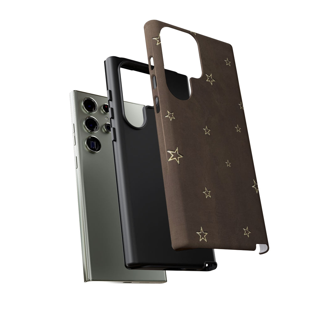 Brown Star Pattern Tough Phone Case – Rugged Leather-Look Protection