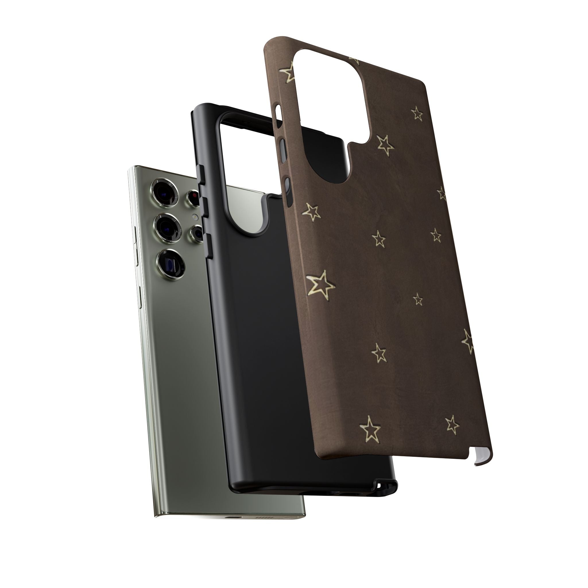 Brown Star Pattern Tough Phone Case – Rugged Leather-Look Protection