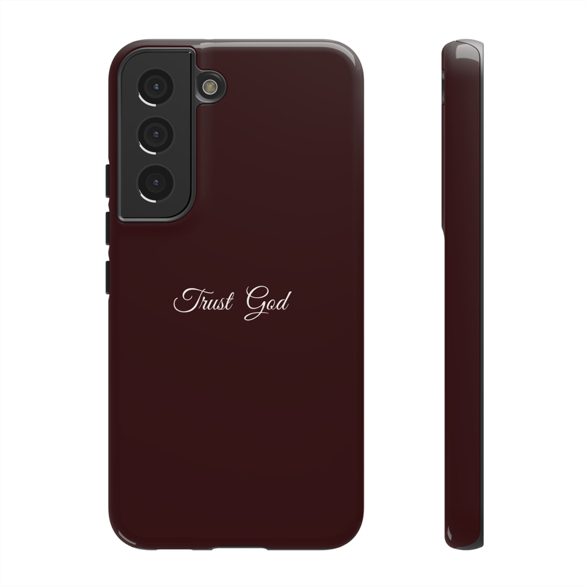 Trust God Tough Phone Case — Maroon Protective iPhone Cover with Script Text