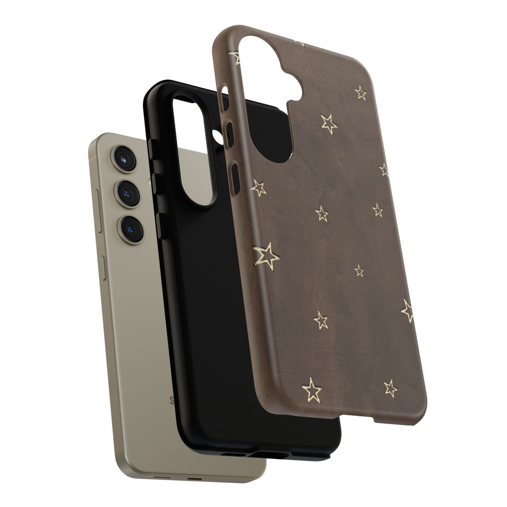 Brown Star Pattern Tough Phone Case – Rugged Leather-Look Protection