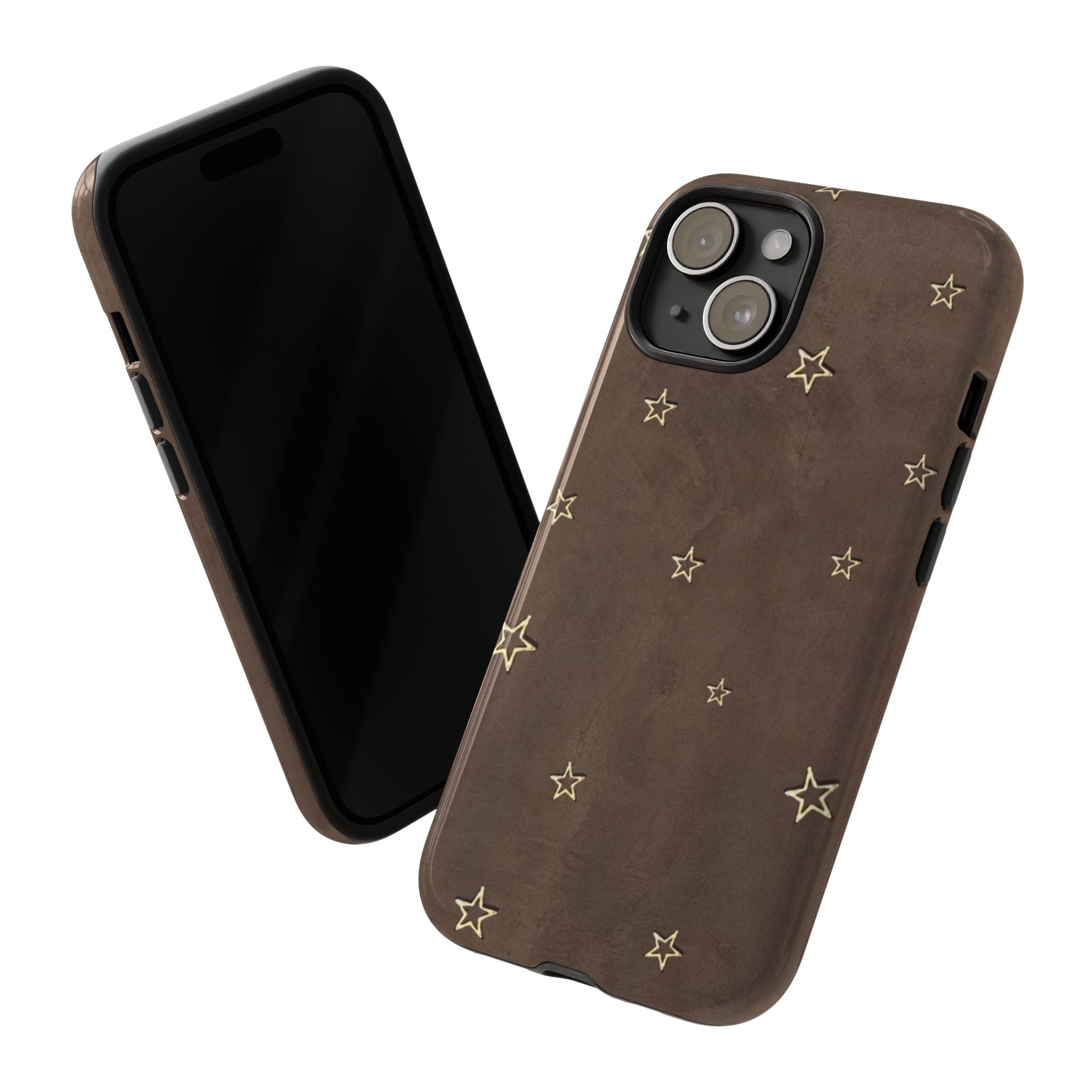 Brown Star Pattern Tough Phone Case – Rugged Leather-Look Protection