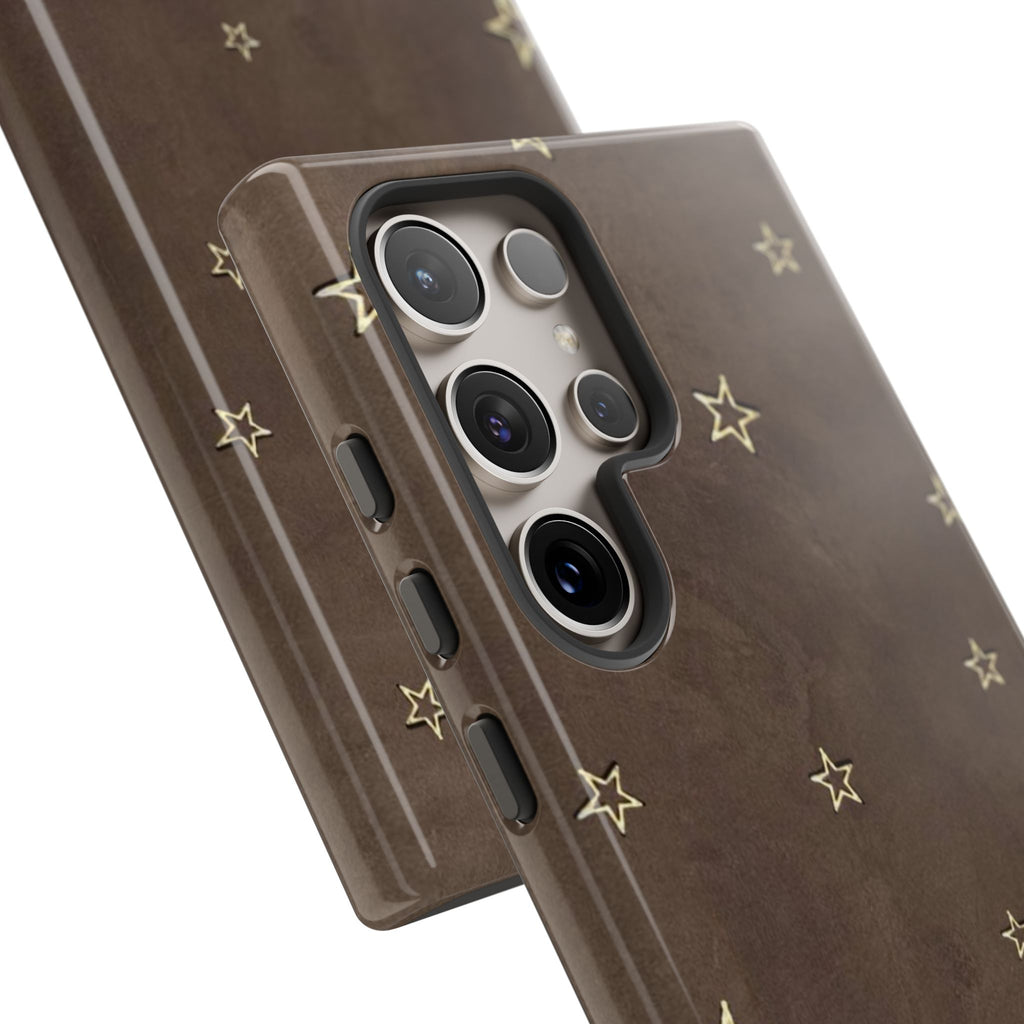 Brown Star Pattern Tough Phone Case – Rugged Leather-Look Protection
