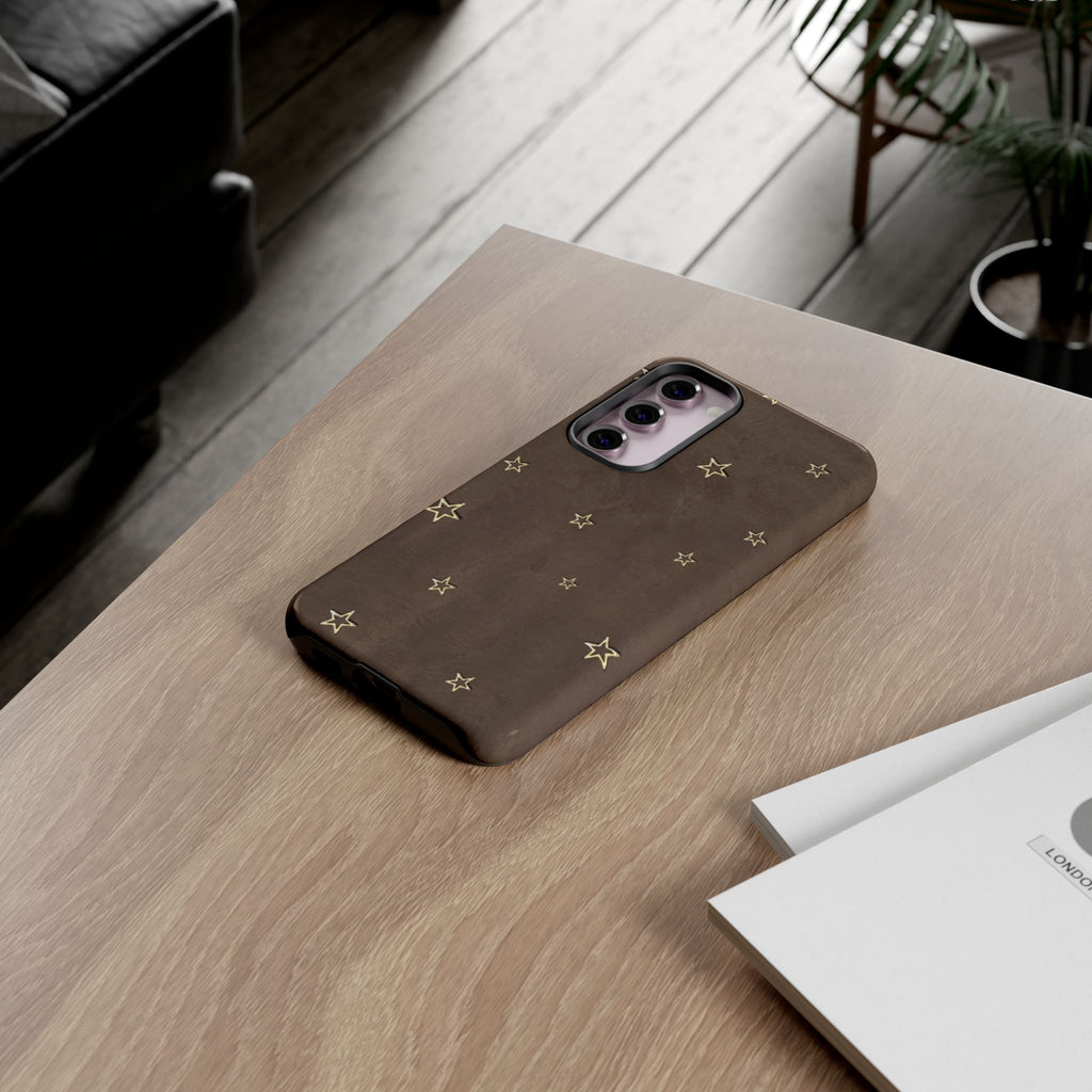 Brown Star Pattern Tough Phone Case – Rugged Leather-Look Protection