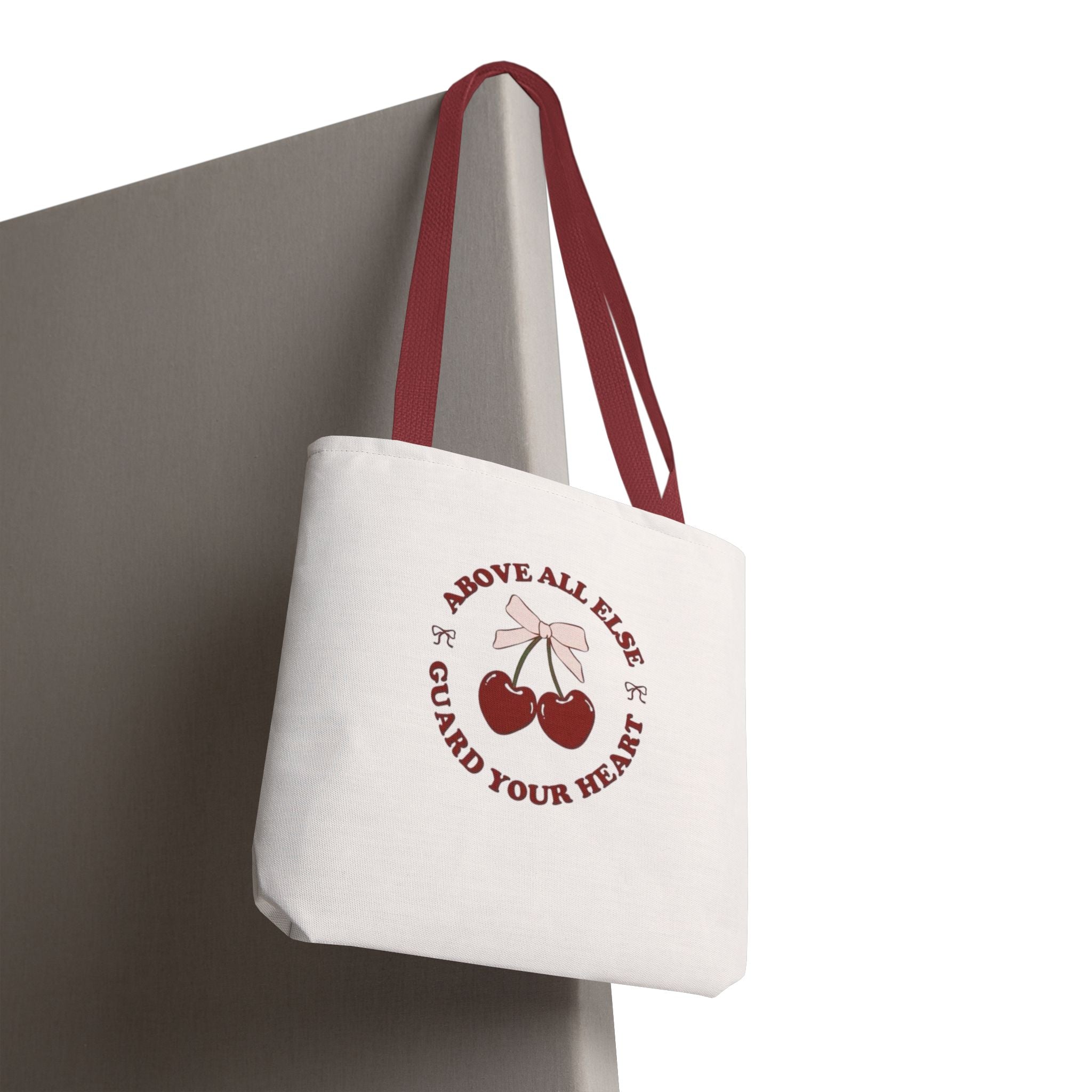 "Above All Else Guard Your Heart" Cherry Graphic Tote Bag