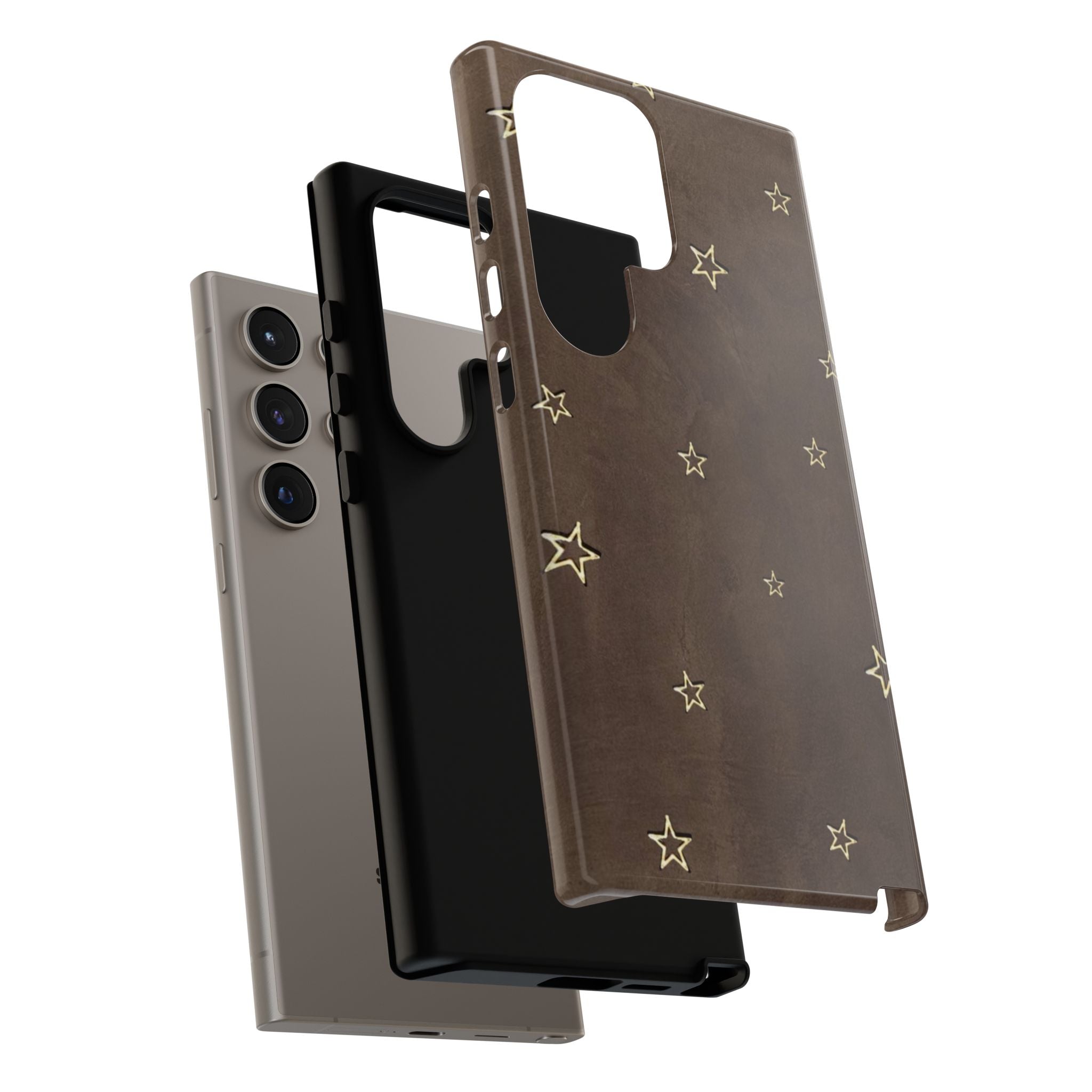 Brown Star Pattern Tough Phone Case – Rugged Leather-Look Protection
