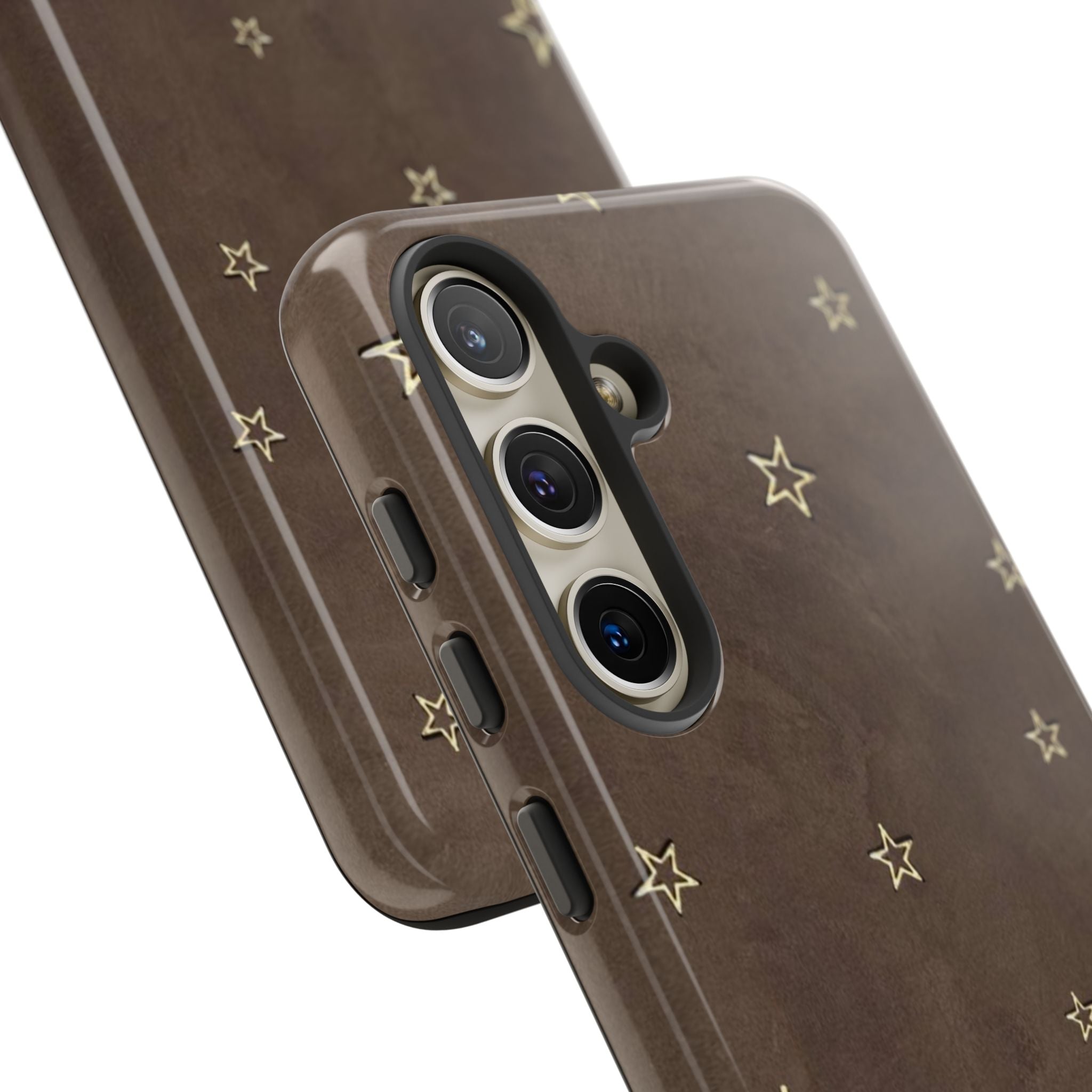 Brown Star Pattern Tough Phone Case – Rugged Leather-Look Protection