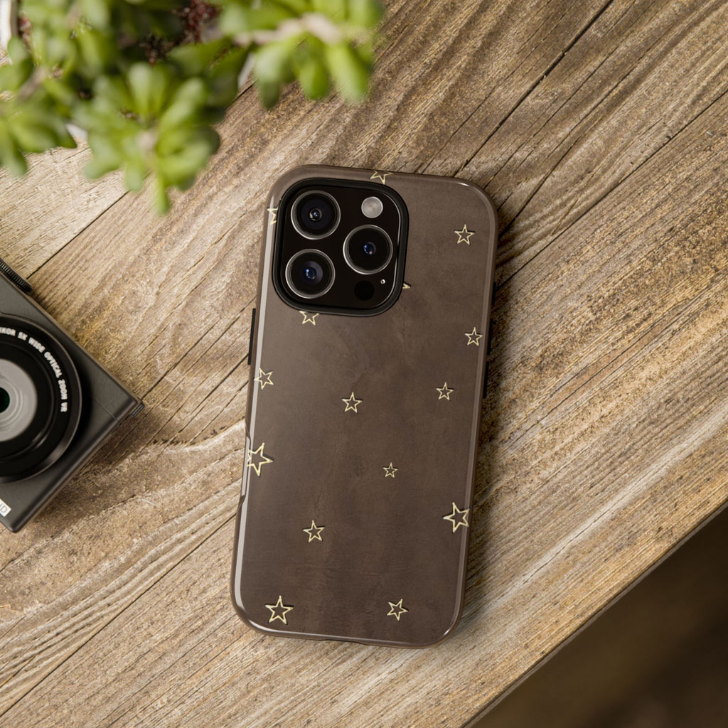 Brown Star Pattern Tough Phone Case – Rugged Leather-Look Protection