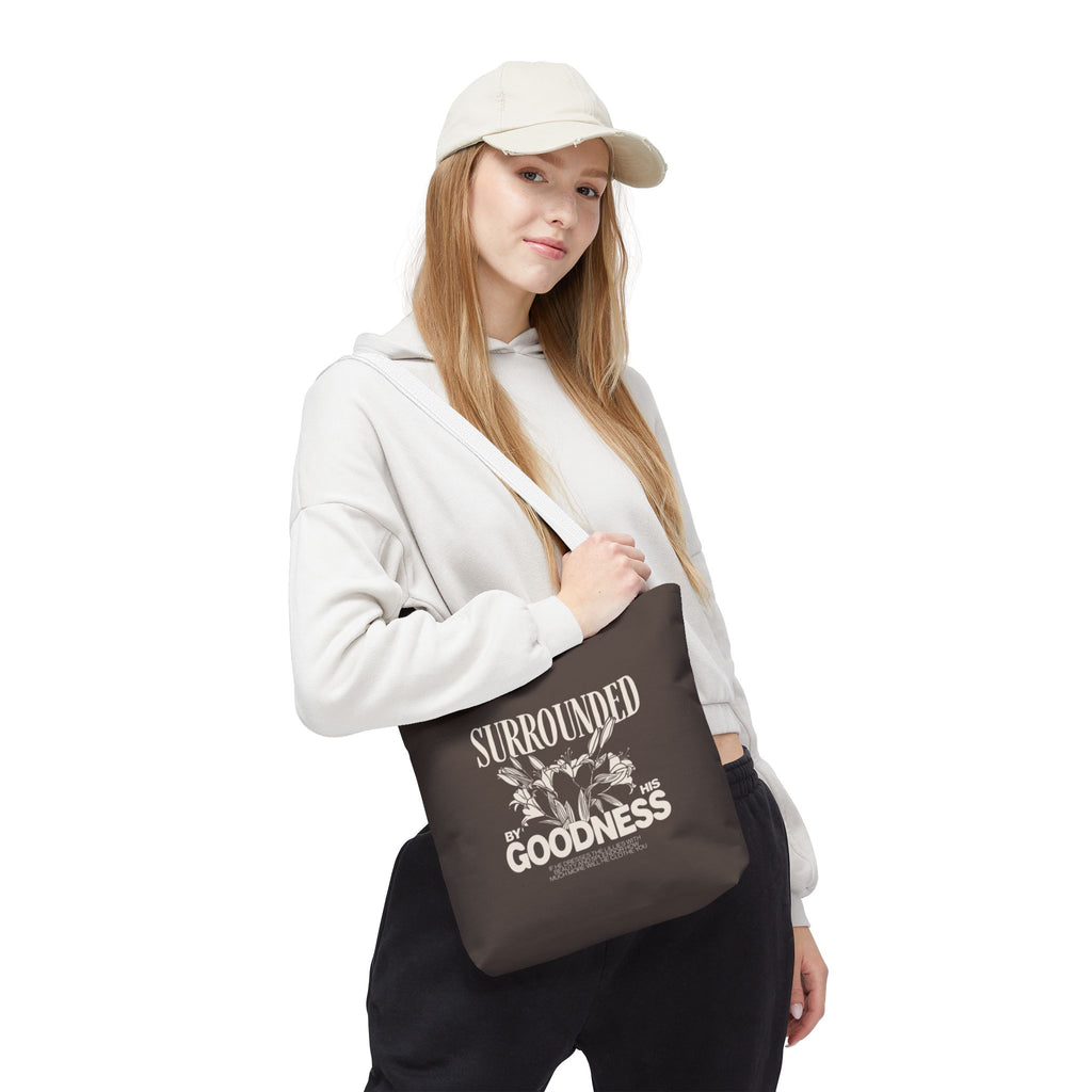 Surrounded by His Goodness Tote Bag — Faith Floral Scripture Shopper