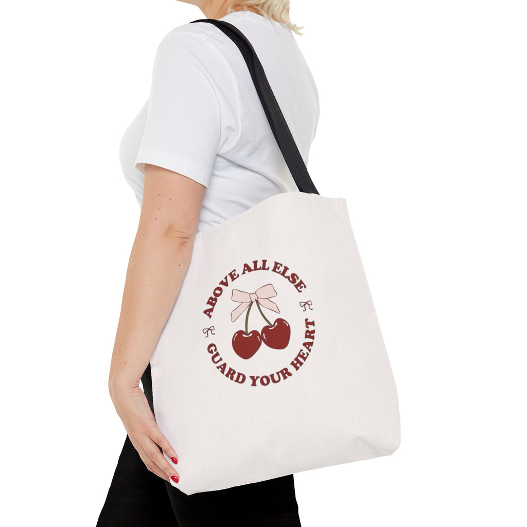 "Above All Else Guard Your Heart" Cherry Graphic Tote Bag