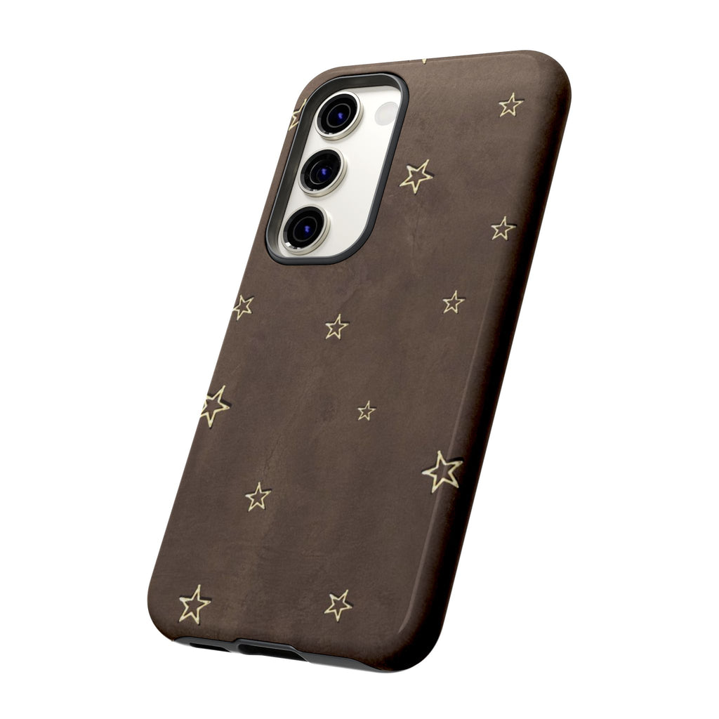 Brown Star Pattern Tough Phone Case – Rugged Leather-Look Protection