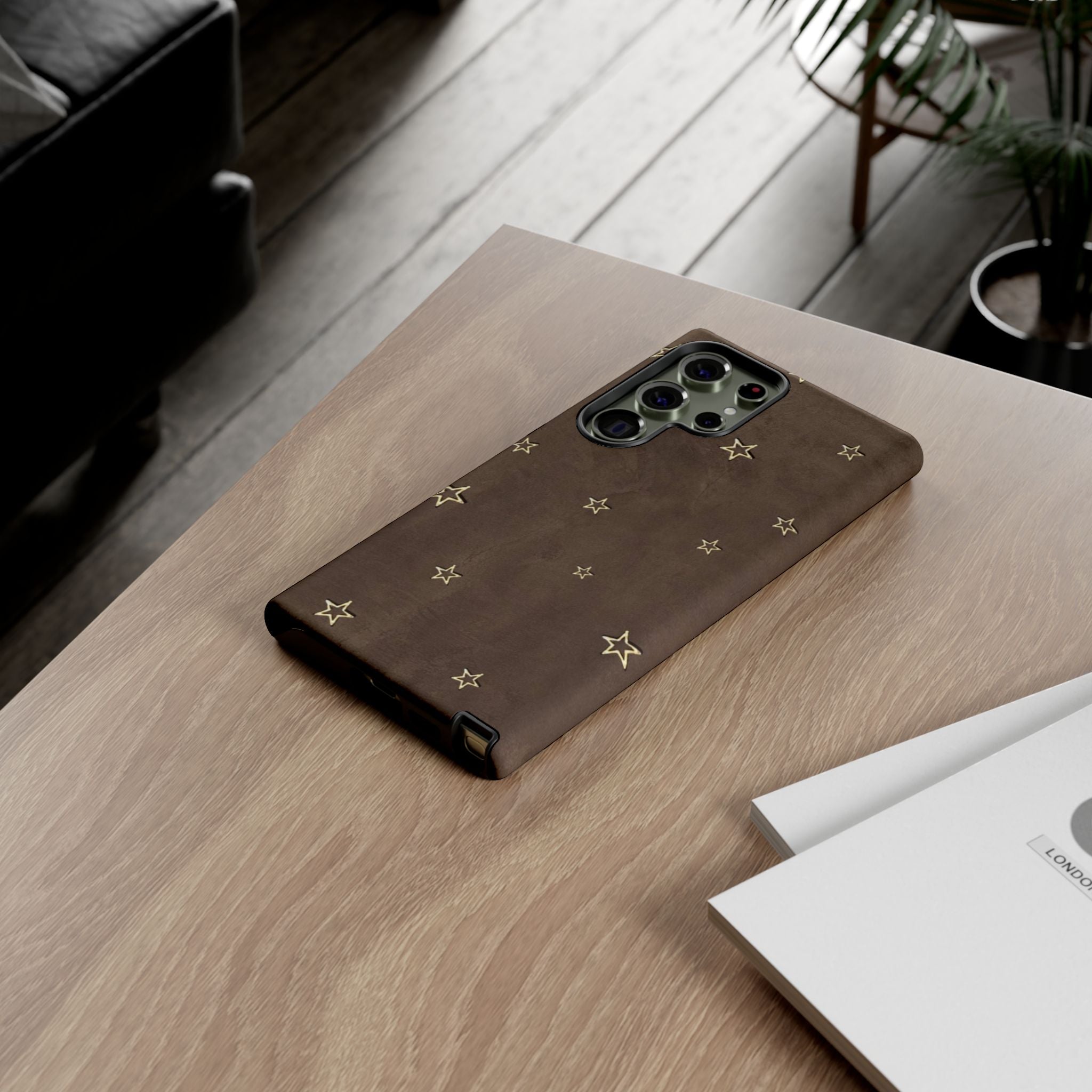 Brown Star Pattern Tough Phone Case – Rugged Leather-Look Protection
