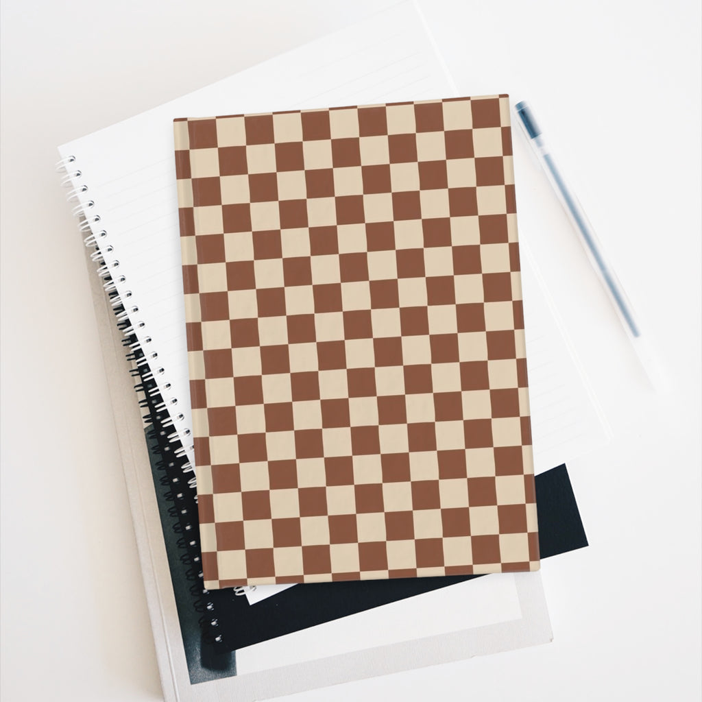 Hardcover Checkerboard Brown Ruled Journal — Lined Notebook for Notes & Daily Planning