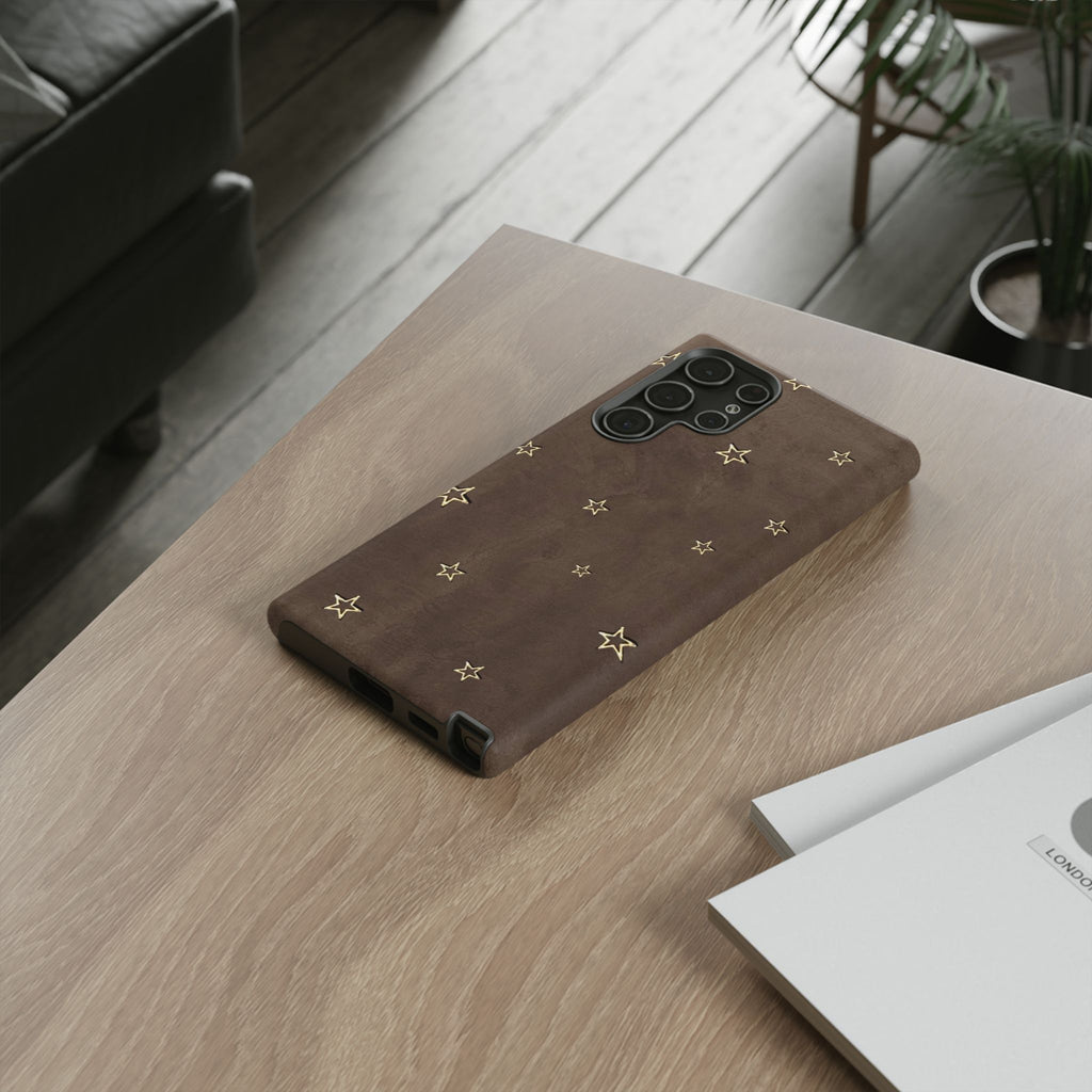 Brown Star Pattern Tough Phone Case – Rugged Leather-Look Protection