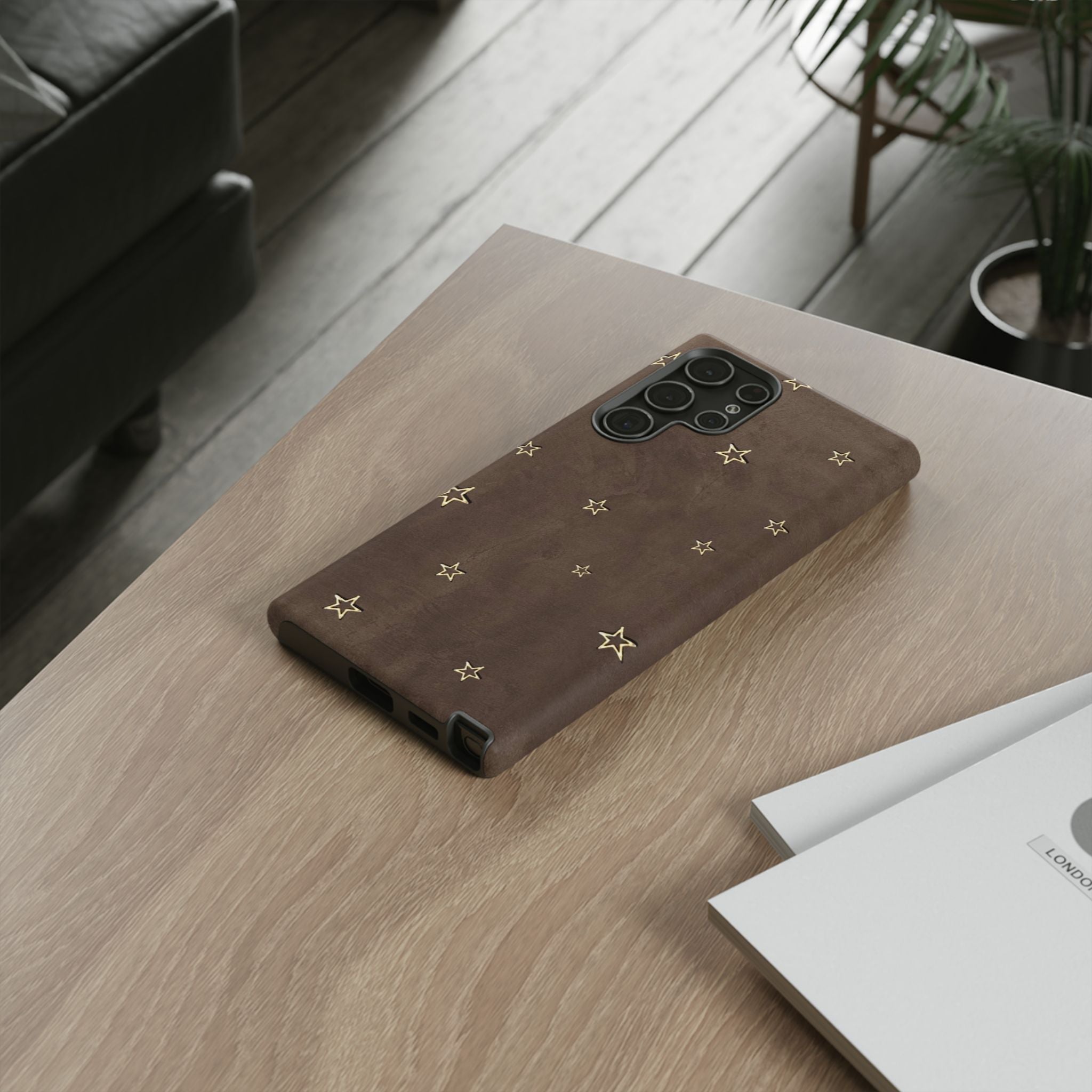 Brown Star Pattern Tough Phone Case – Rugged Leather-Look Protection