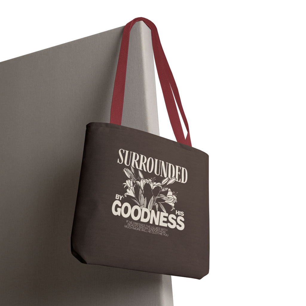 Surrounded by His Goodness Tote Bag — Faith Floral Scripture Shopper