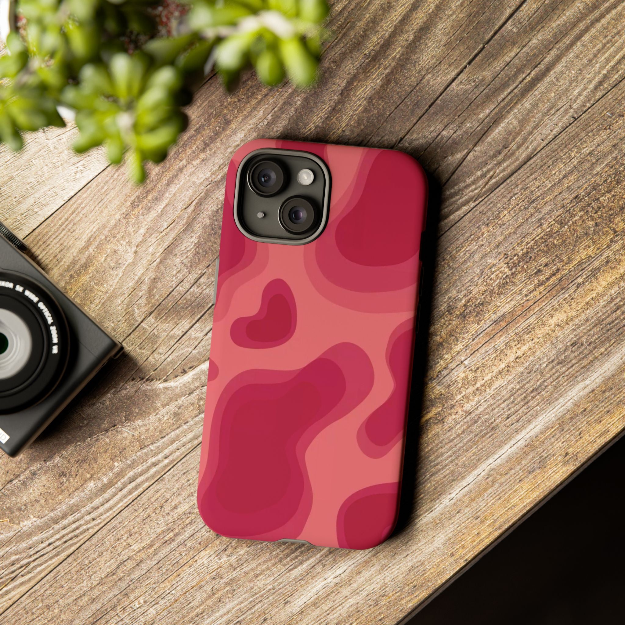 Red Pink Camo iPhone Case — Abstract Heart Pattern Tough Protective Cover