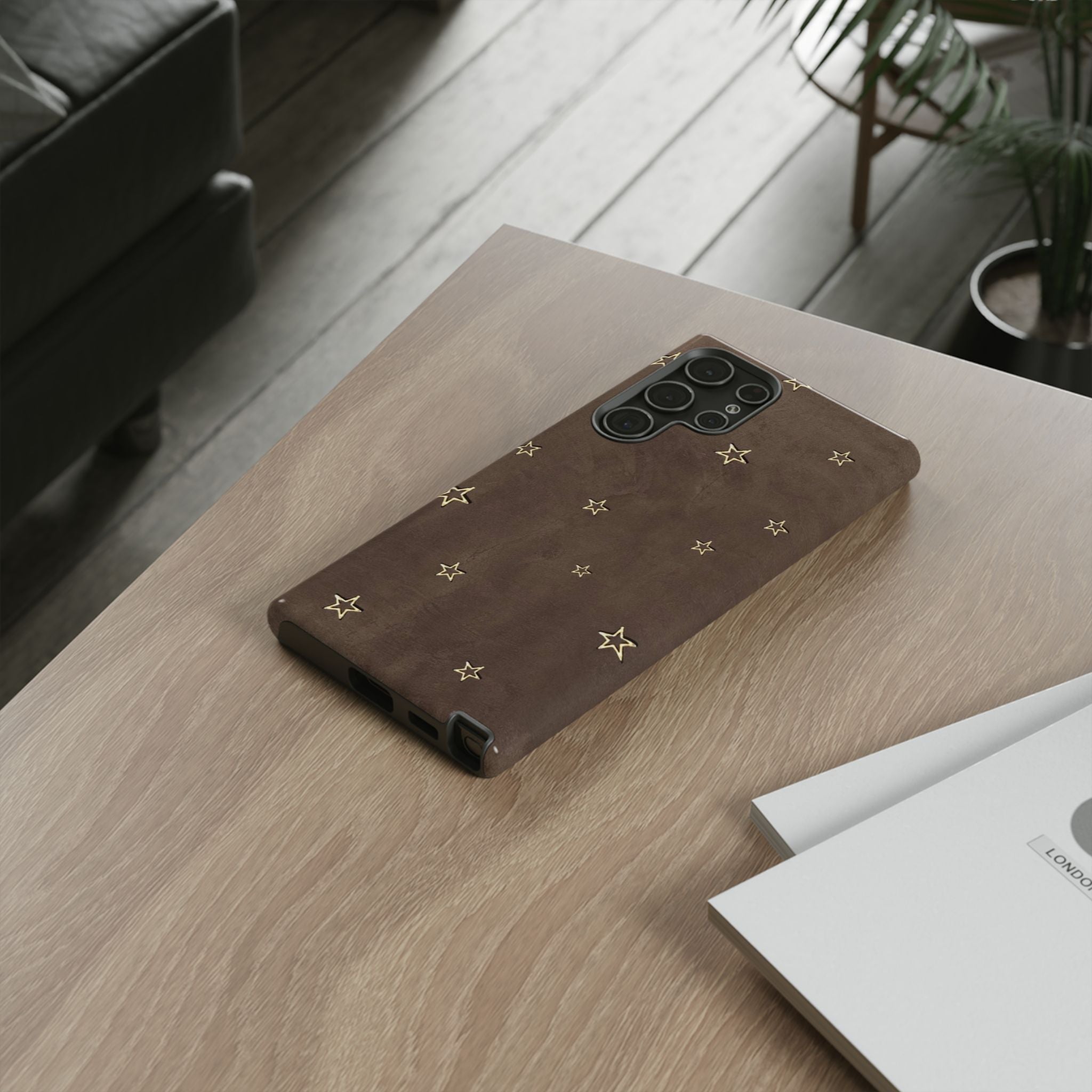 Brown Star Pattern Tough Phone Case – Rugged Leather-Look Protection