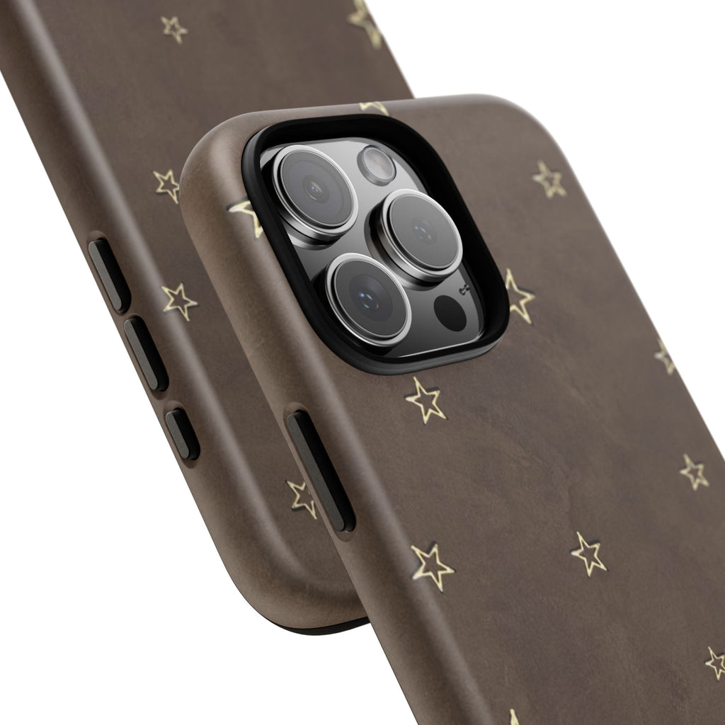 Brown Star Pattern Tough Phone Case – Rugged Leather-Look Protection