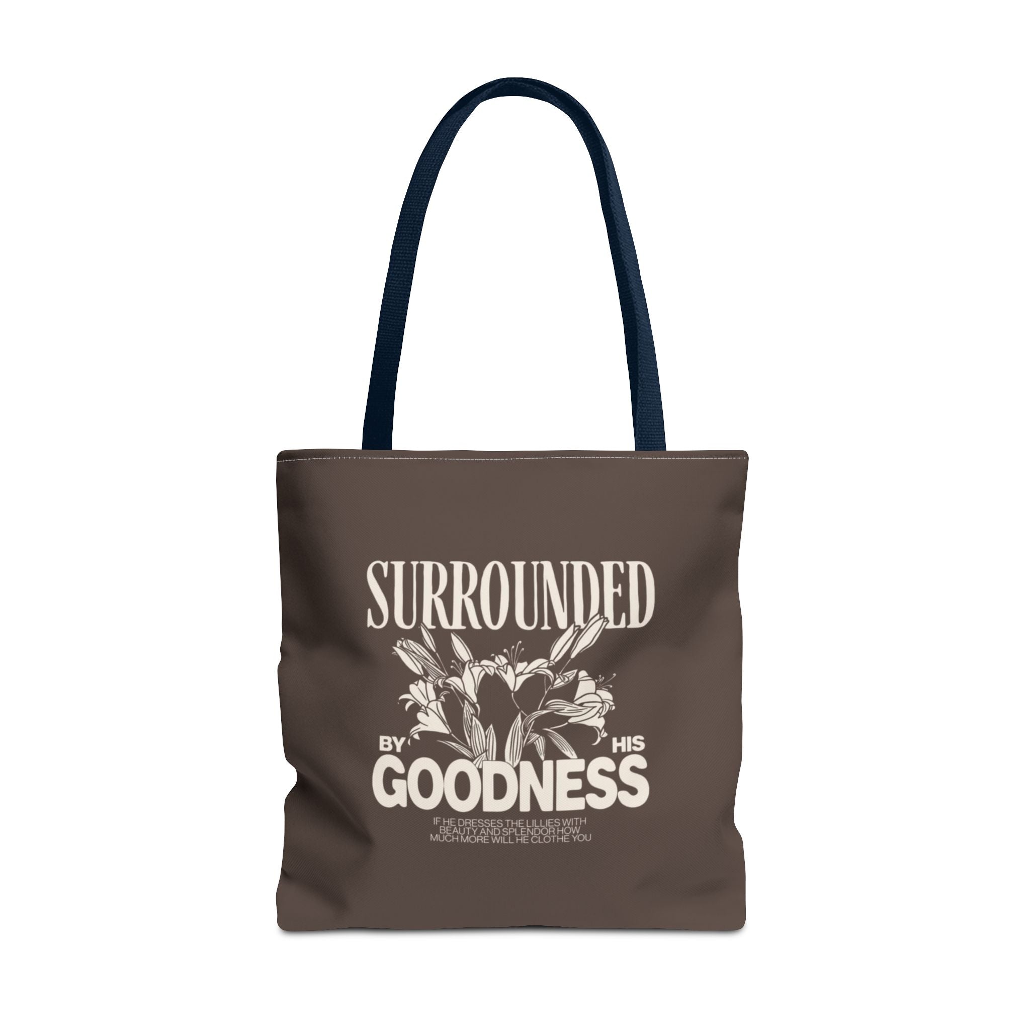 Surrounded by His Goodness Tote Bag — Faith Floral Scripture Shopper