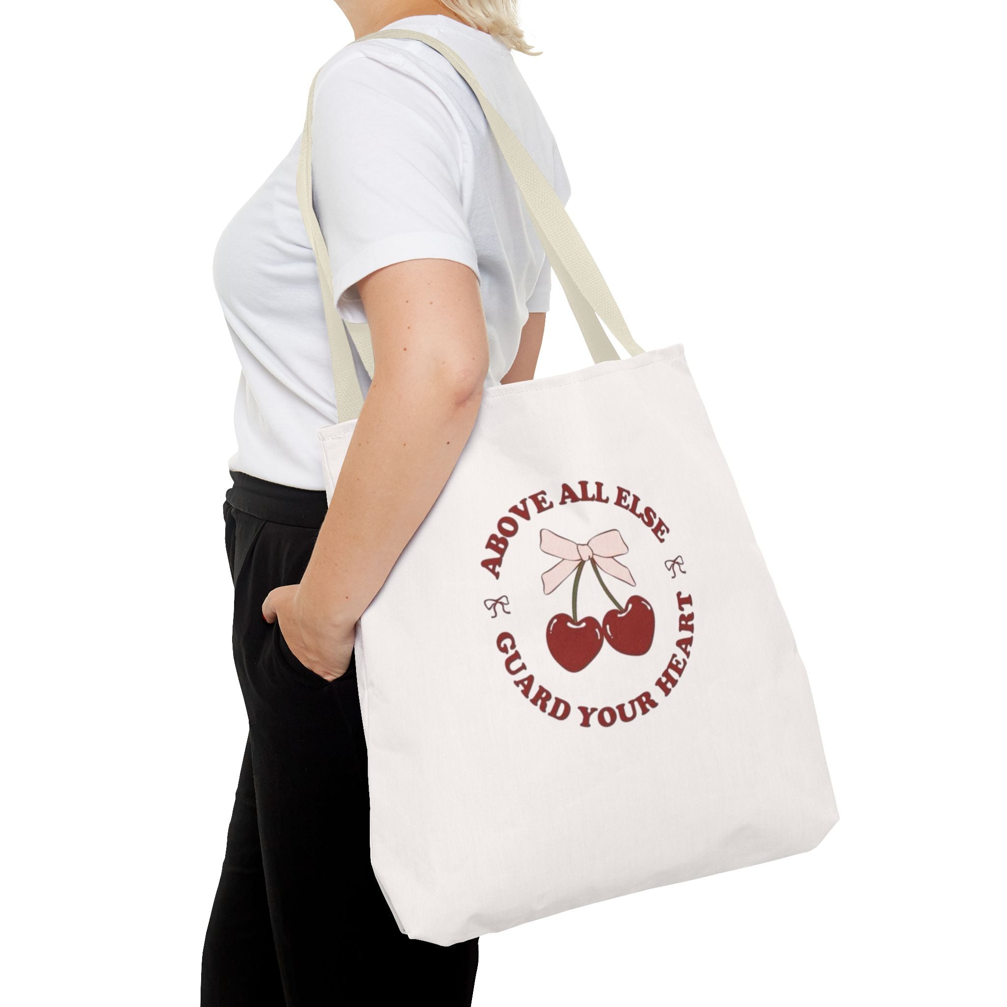 "Above All Else Guard Your Heart" Cherry Graphic Tote Bag