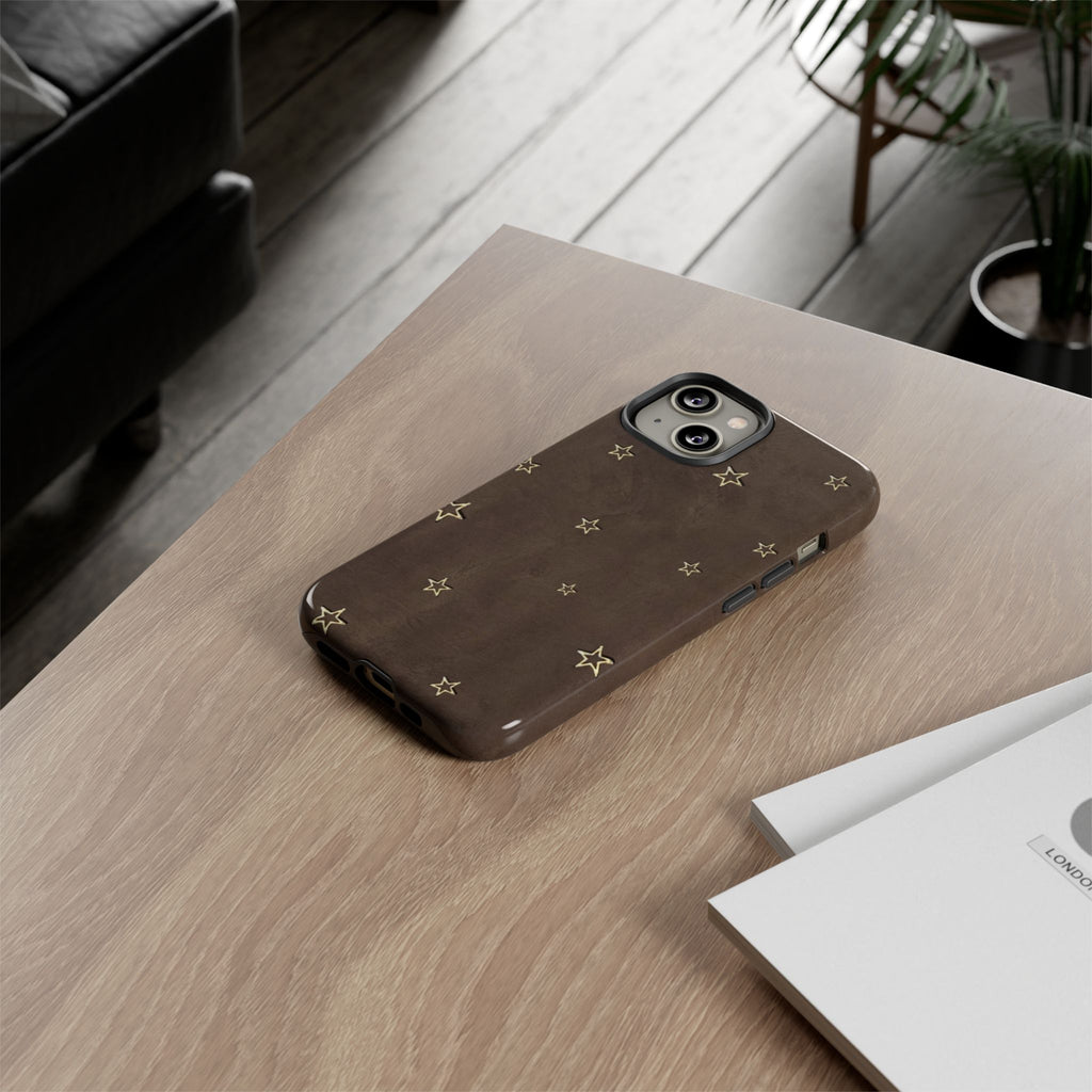 Brown Star Pattern Tough Phone Case – Rugged Leather-Look Protection