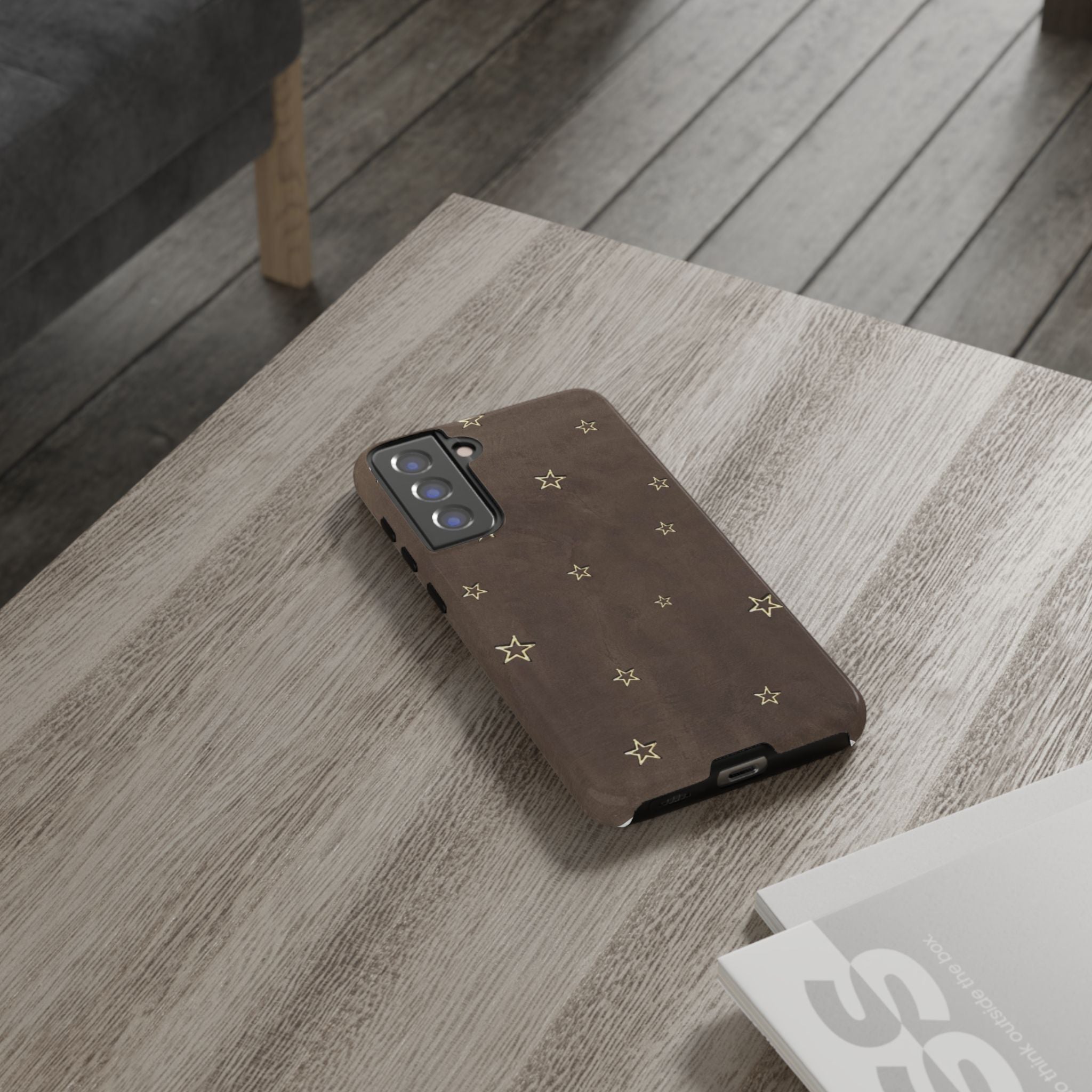 Brown Star Pattern Tough Phone Case – Rugged Leather-Look Protection