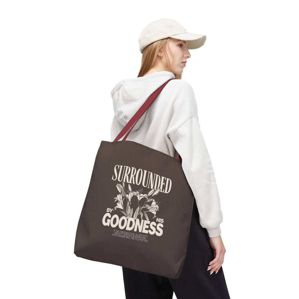 Surrounded by His Goodness Tote Bag — Faith Floral Scripture Shopper