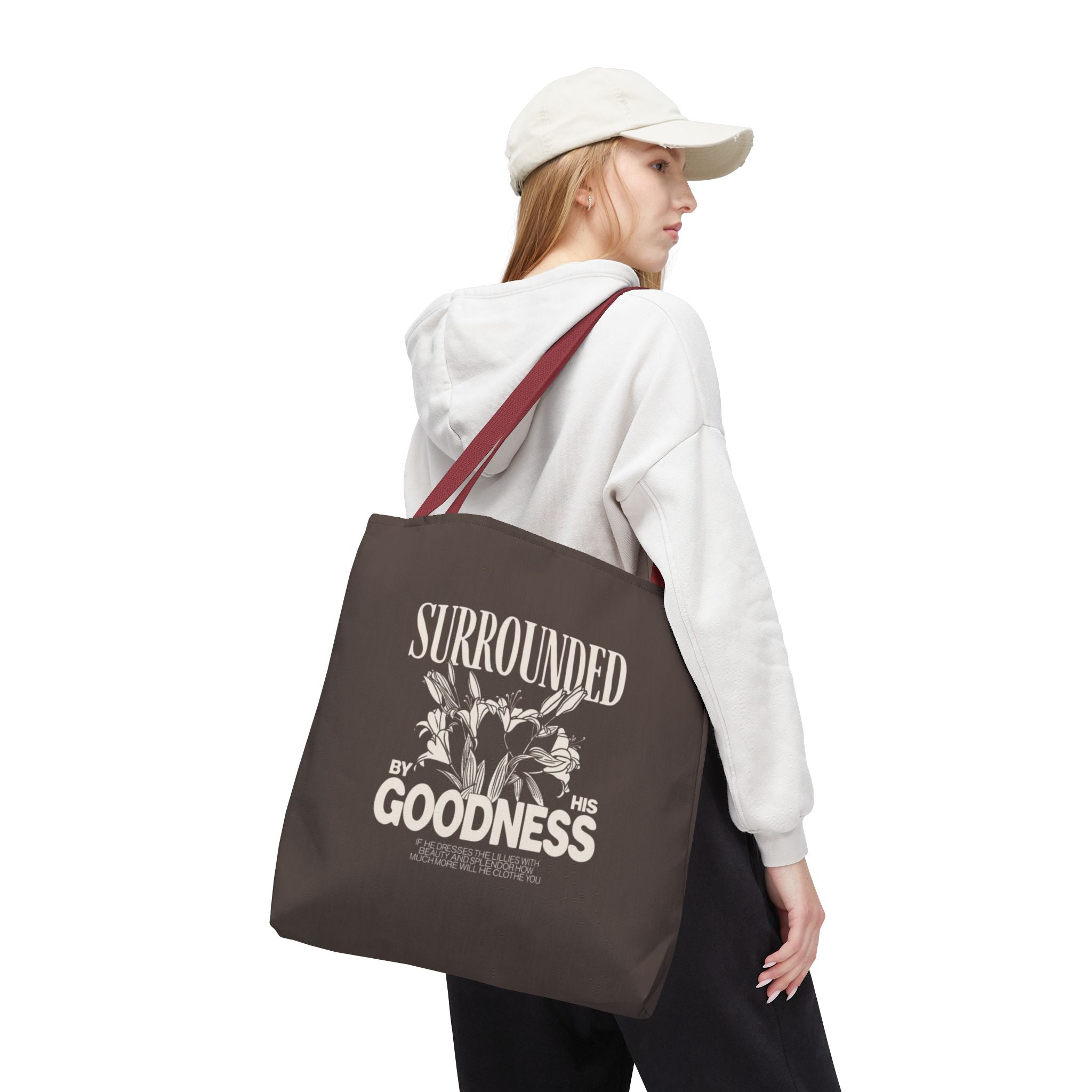 Surrounded by His Goodness Tote Bag — Faith Floral Scripture Shopper
