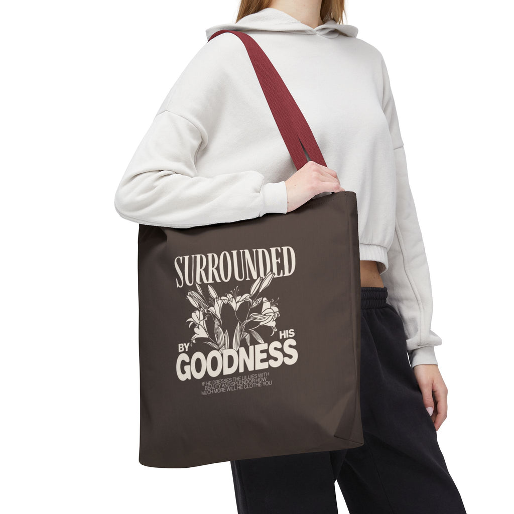 Surrounded by His Goodness Tote Bag — Faith Floral Scripture Shopper