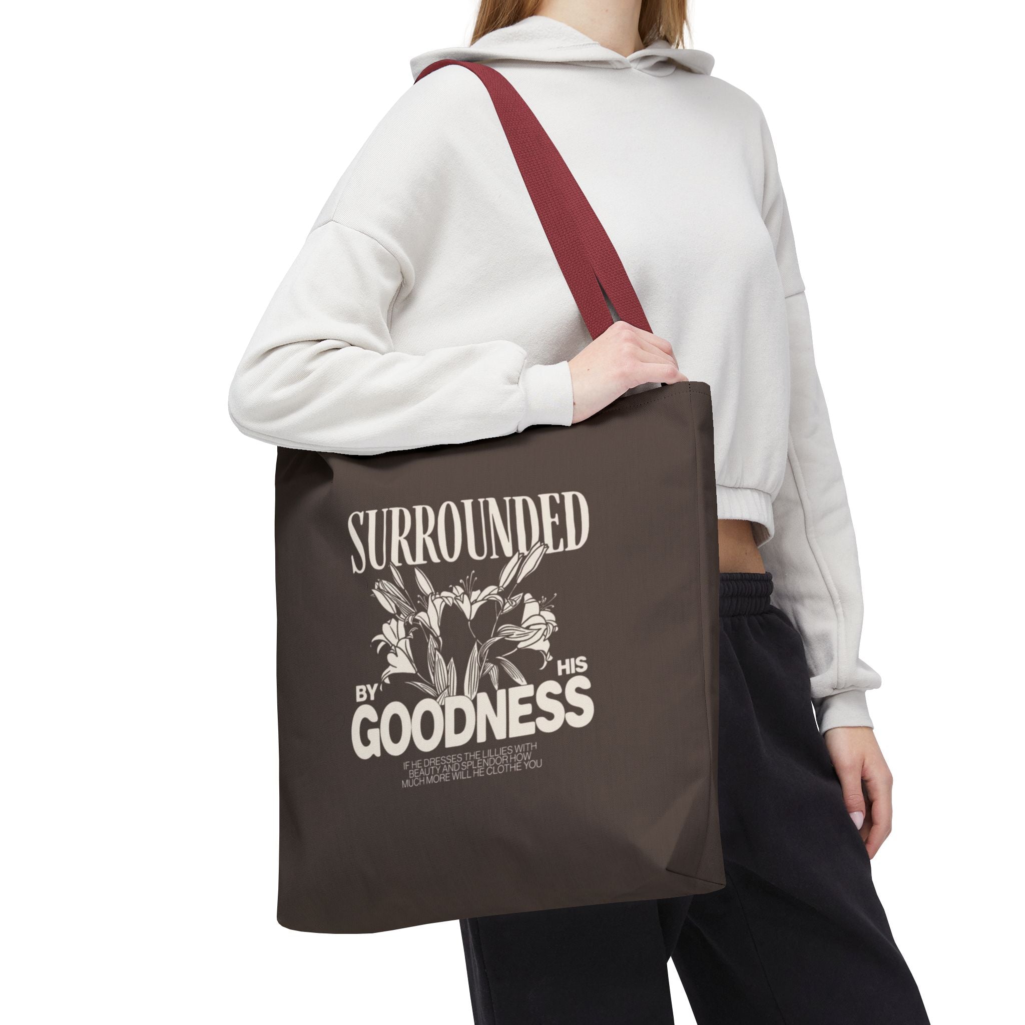 Surrounded by His Goodness Tote Bag — Faith Floral Scripture Shopper