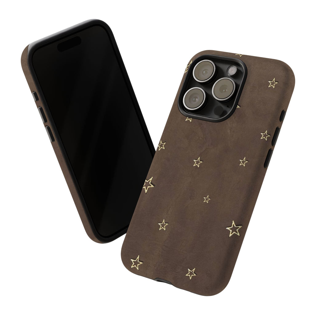 Brown Star Pattern Tough Phone Case – Rugged Leather-Look Protection