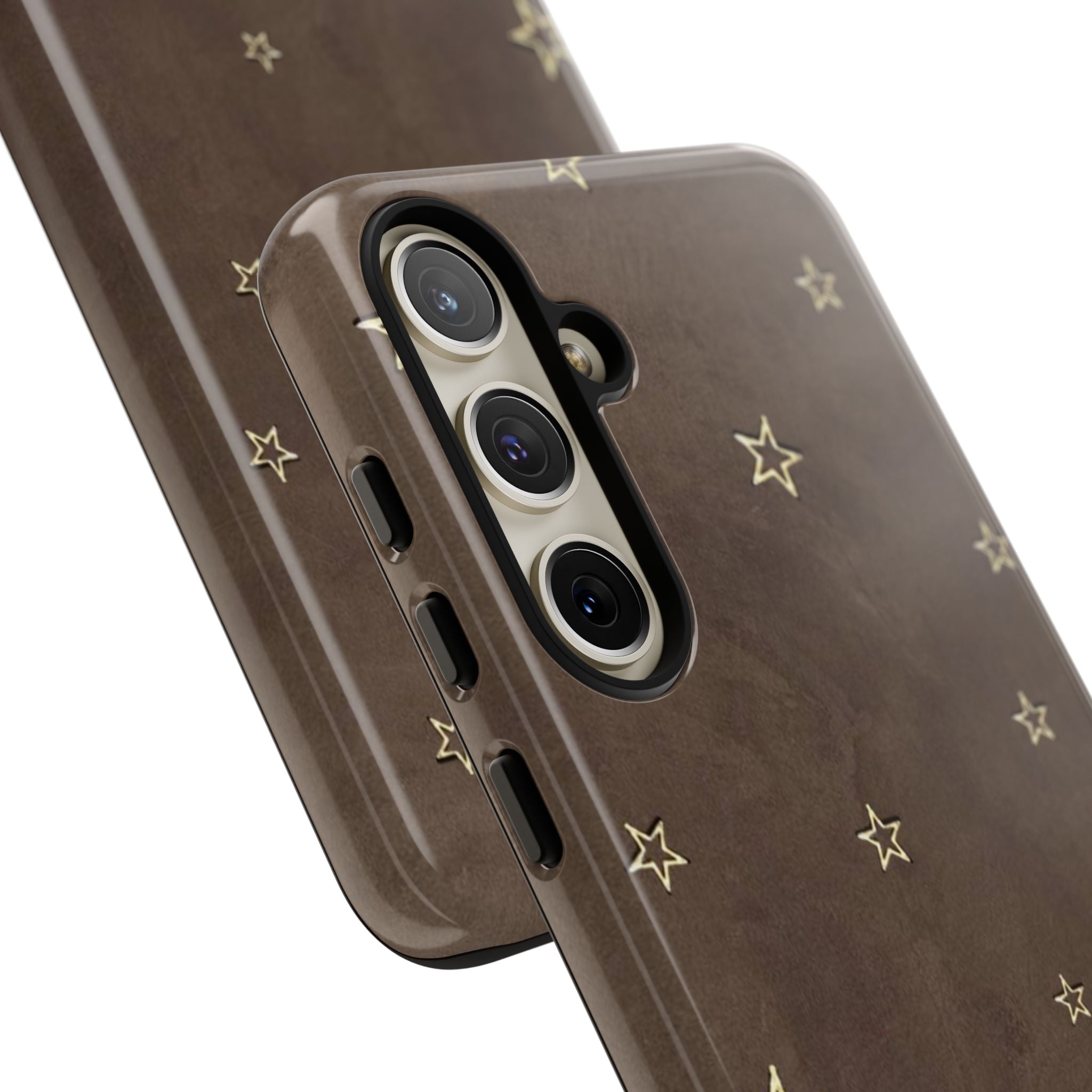 Brown Star Pattern Tough Phone Case – Rugged Leather-Look Protection