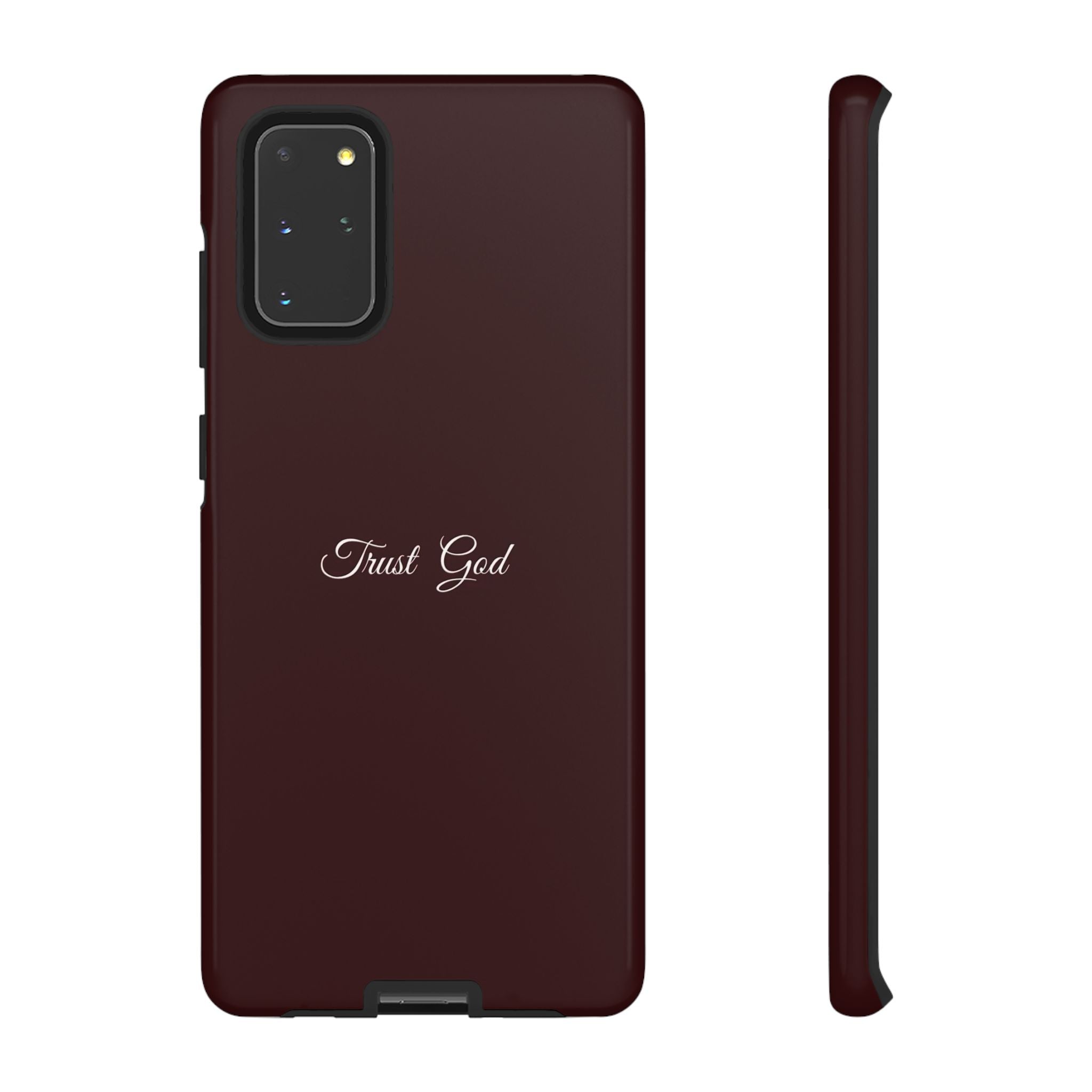 Trust God Tough Phone Case — Maroon Protective iPhone Cover with Script Text