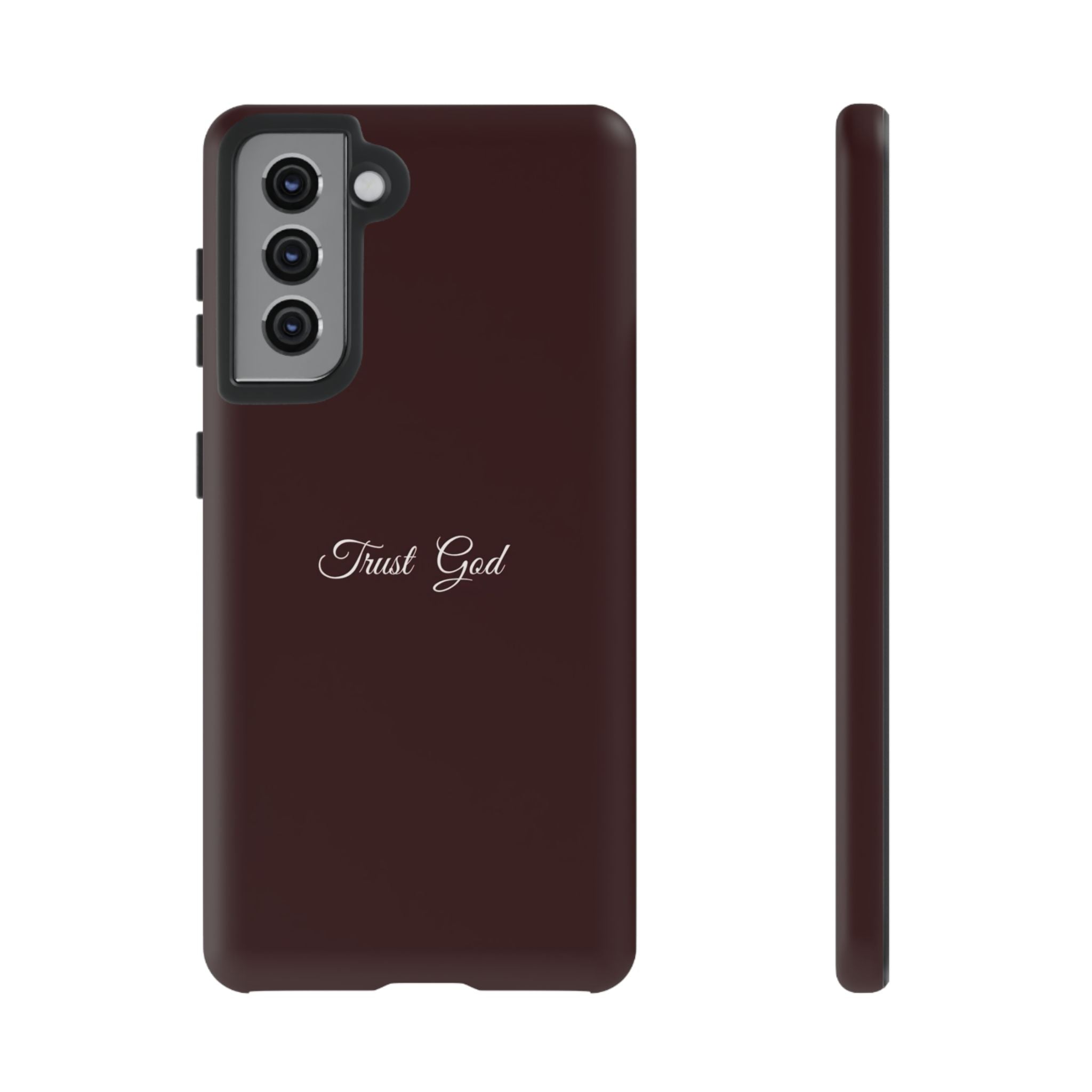 Trust God Tough Phone Case — Maroon Protective iPhone Cover with Script Text