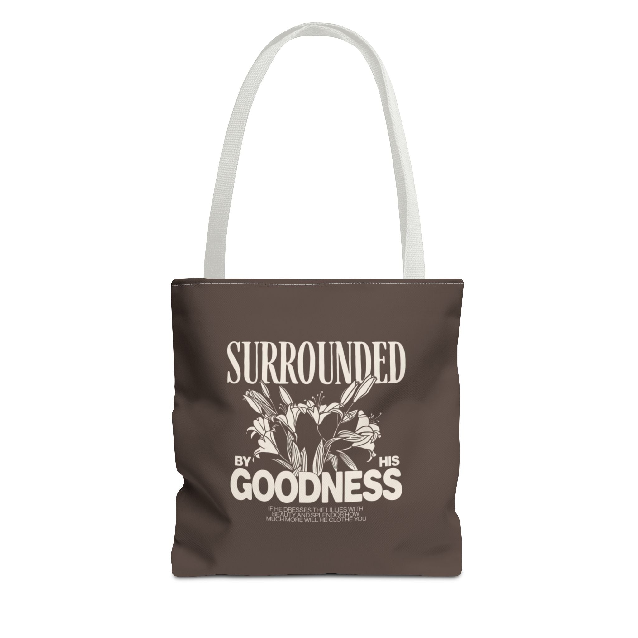 Surrounded by His Goodness Tote Bag — Faith Floral Scripture Shopper