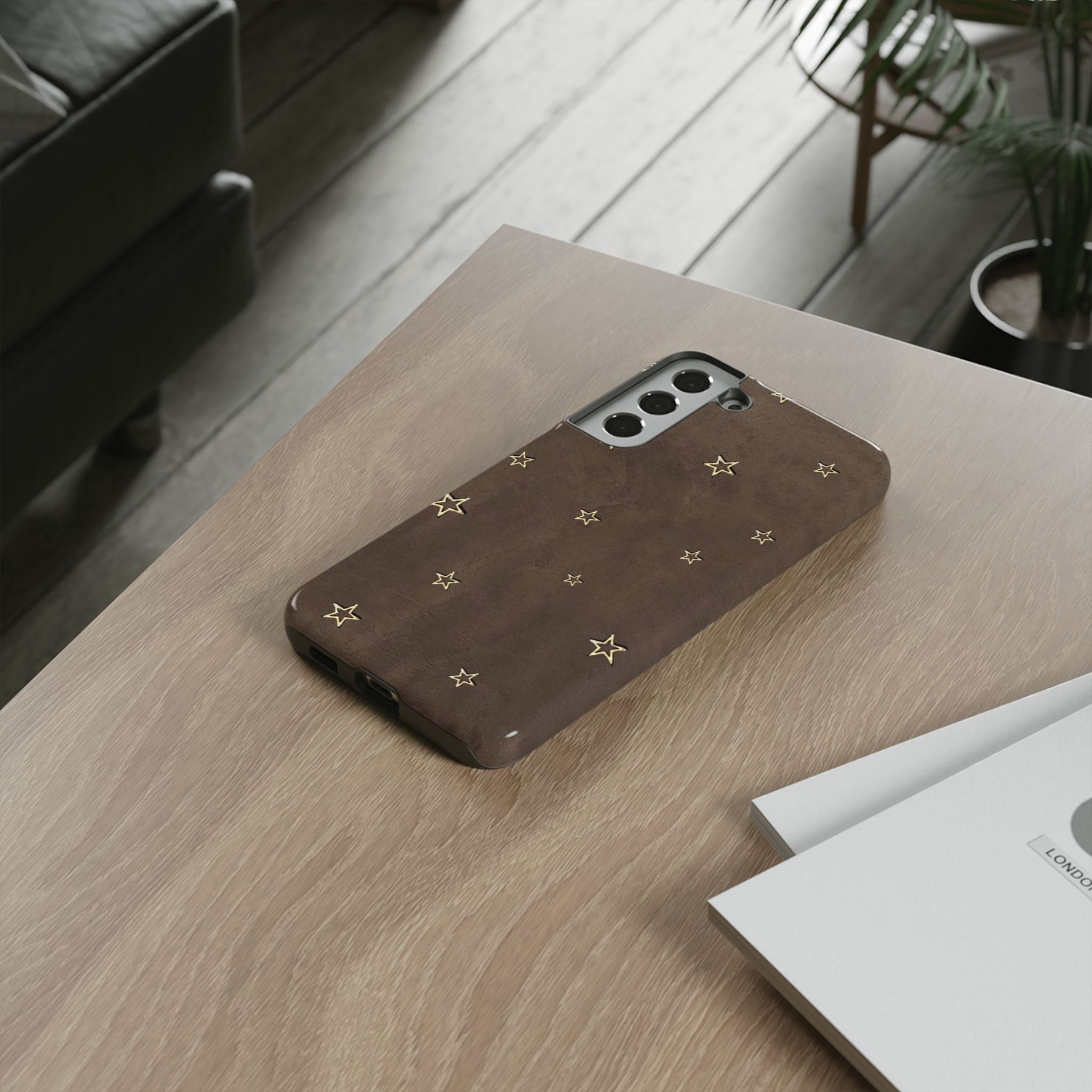 Brown Star Pattern Tough Phone Case – Rugged Leather-Look Protection